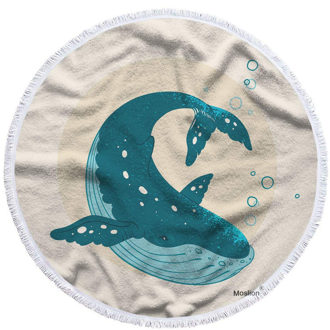 Moslion Watercolor Whale Round Beach Towel - 63 Inch Oversized Microfiber Polyester, Soft & Absorbent - Perfect for Beach, Pool, Picnic, Yoga & Summer Outdoor Activities