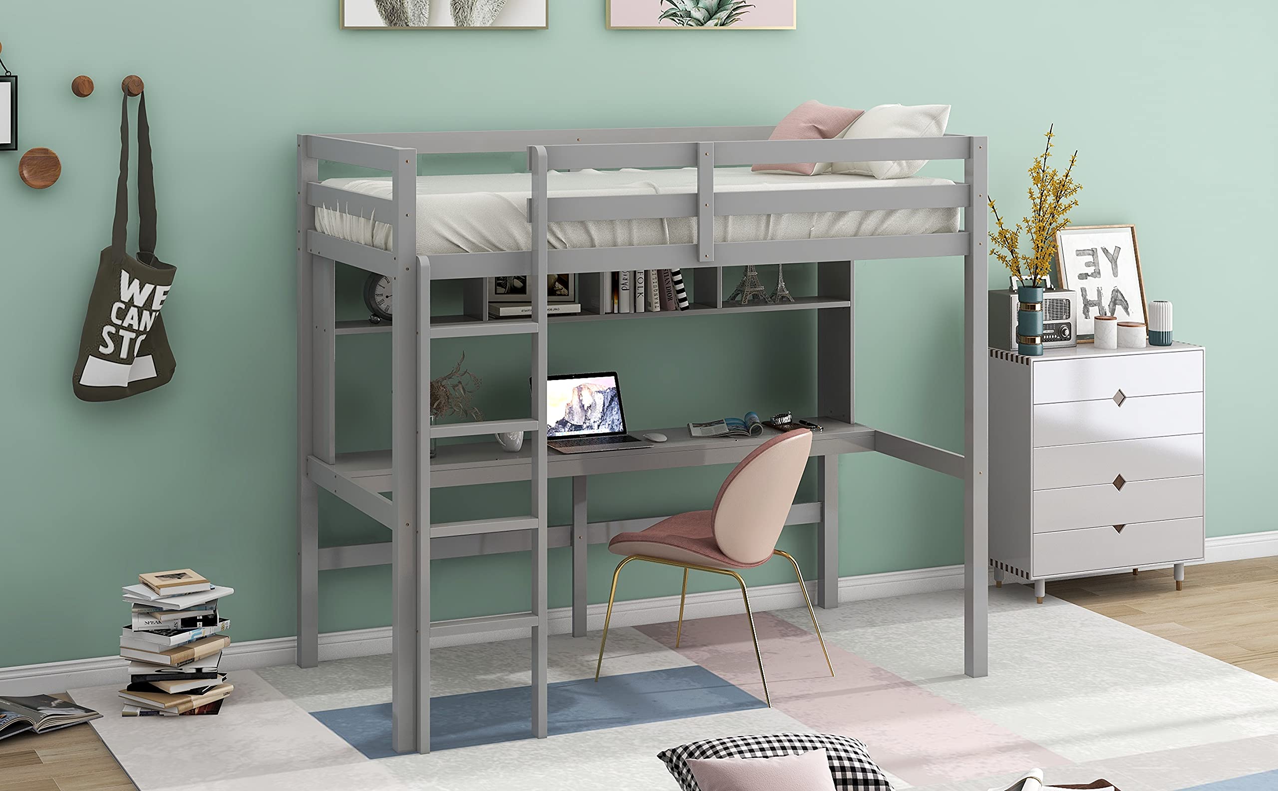 **Wooden Loft Bed with Storage Shelves & Under-Bed Desk - Twin Size, Gray - Full-Length Guardrail & Built-in Ladder - Perfect for Kids, Teens & Adults - Space-Saving Bedroom & Dorm Furniture**