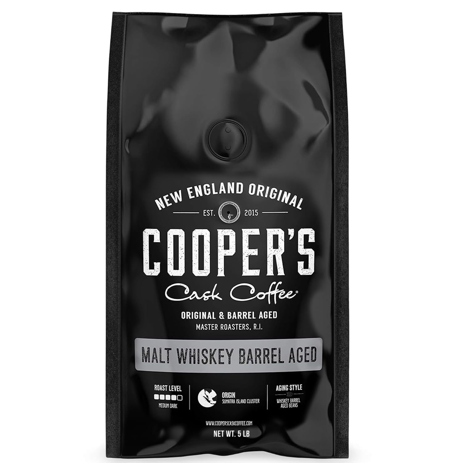 Single-Malt Whiskey Barrel Aged Sumatra Coffee Beans - Medium Dark Roast Whole Bean Coffee - 5lb Bag - Premium Single Origin Stout Whiskey Barrel Aged Coffee for Home Brewing & Gourmet Gifting