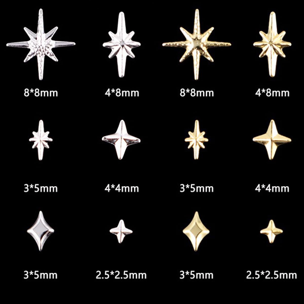 3D Gold & Silver Star Nail Charms - Mixed Metal Nail Art Gems for DIY Manicure, Shiny Cross Star Nail Decorations | Perfect for Nail Art, Salon Designs & Party Glam Looks