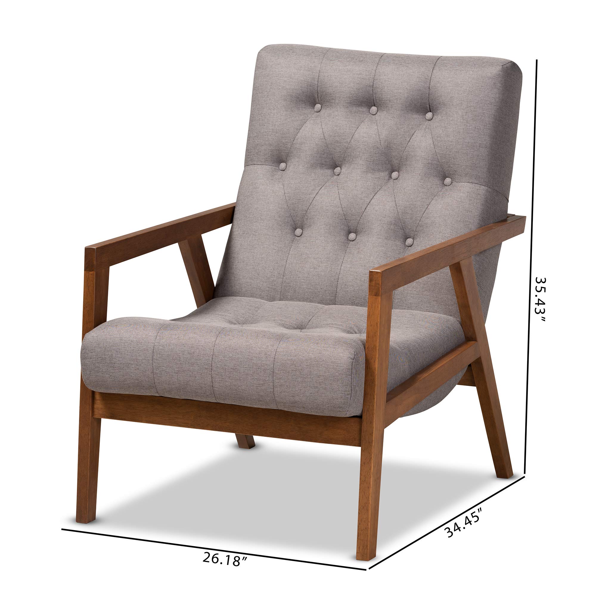 Baxton Studio Modern Accent Chairs - Grey and Brown Upholstered Lounge Chair for Living Room, Bedroom, or Office - Comfortable Mid-Century Style Seating with Wooden Legs