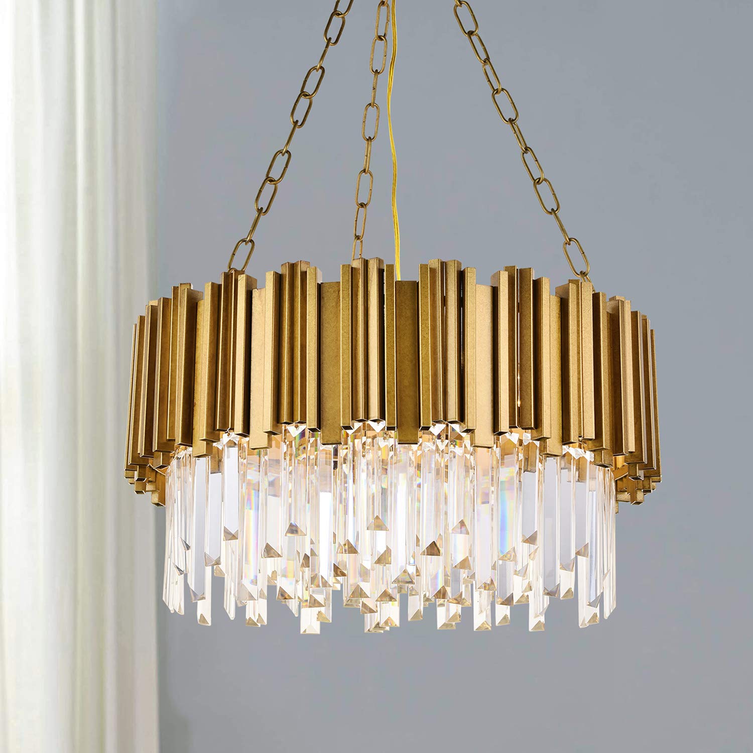 Modern Round Crystal Chandelier - Luxury Pendant Ceiling Light Fixture with Raindrop Design in Antique Gold - Perfect for Dining Room, Living Room, Kitchen Island, Bedroom, Foyer & Hallway Lighting Decor