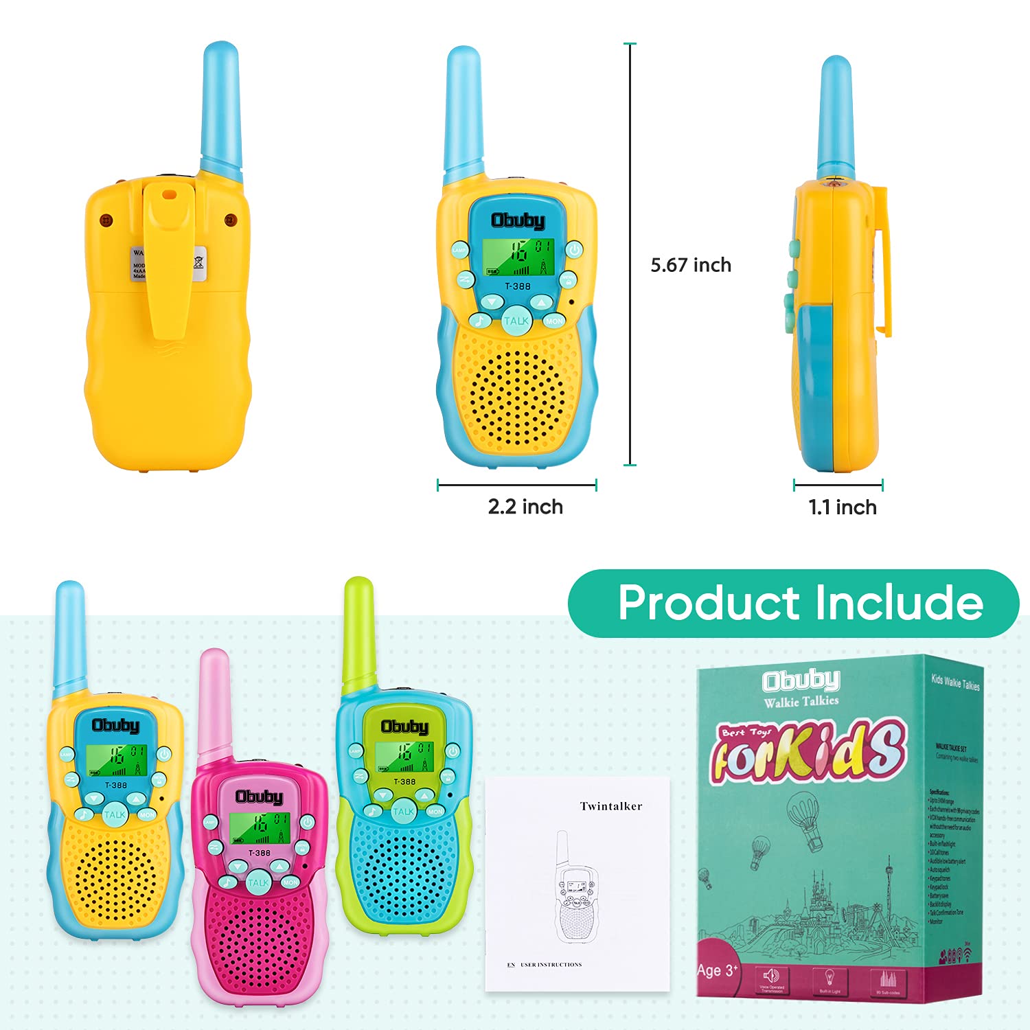 Obuby Kids Walkie Talkies - 22 Channel 2 Way Radios with LCD Backlit Display & Flashlight, 3KM Range - Best Gifts for Boys & Girls Ages 3-12 - Perfect for Outdoor Adventures, Hiking, Camping, and Family Games