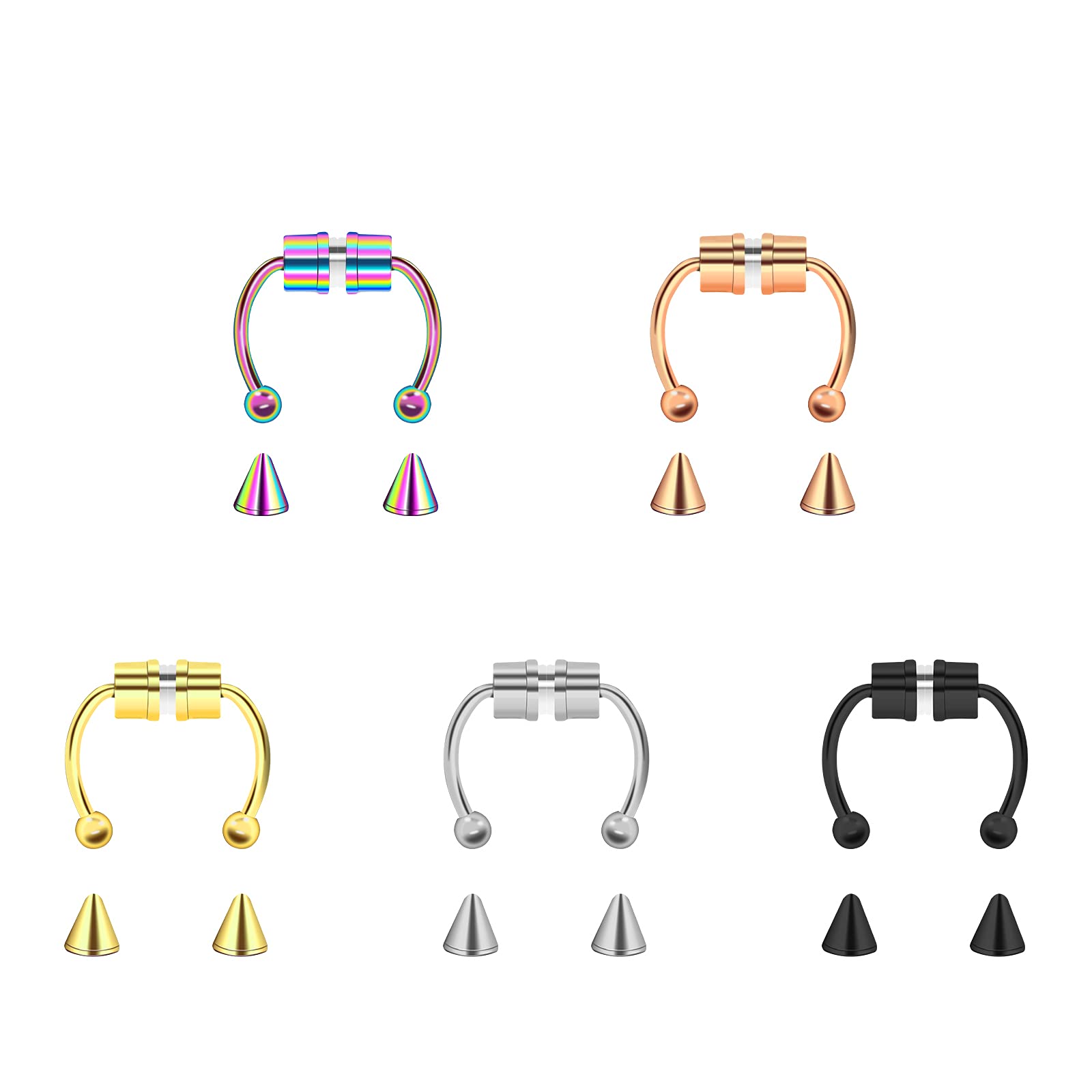 CrazyPiercing Magnetic Septum Nose Rings 5Pcs - 316L Stainless Steel Fake Nose Ring Non-Pierced Clip Hoop for Women & Men - Perfect for Costume Parties, Halloween & Fashion Accessories