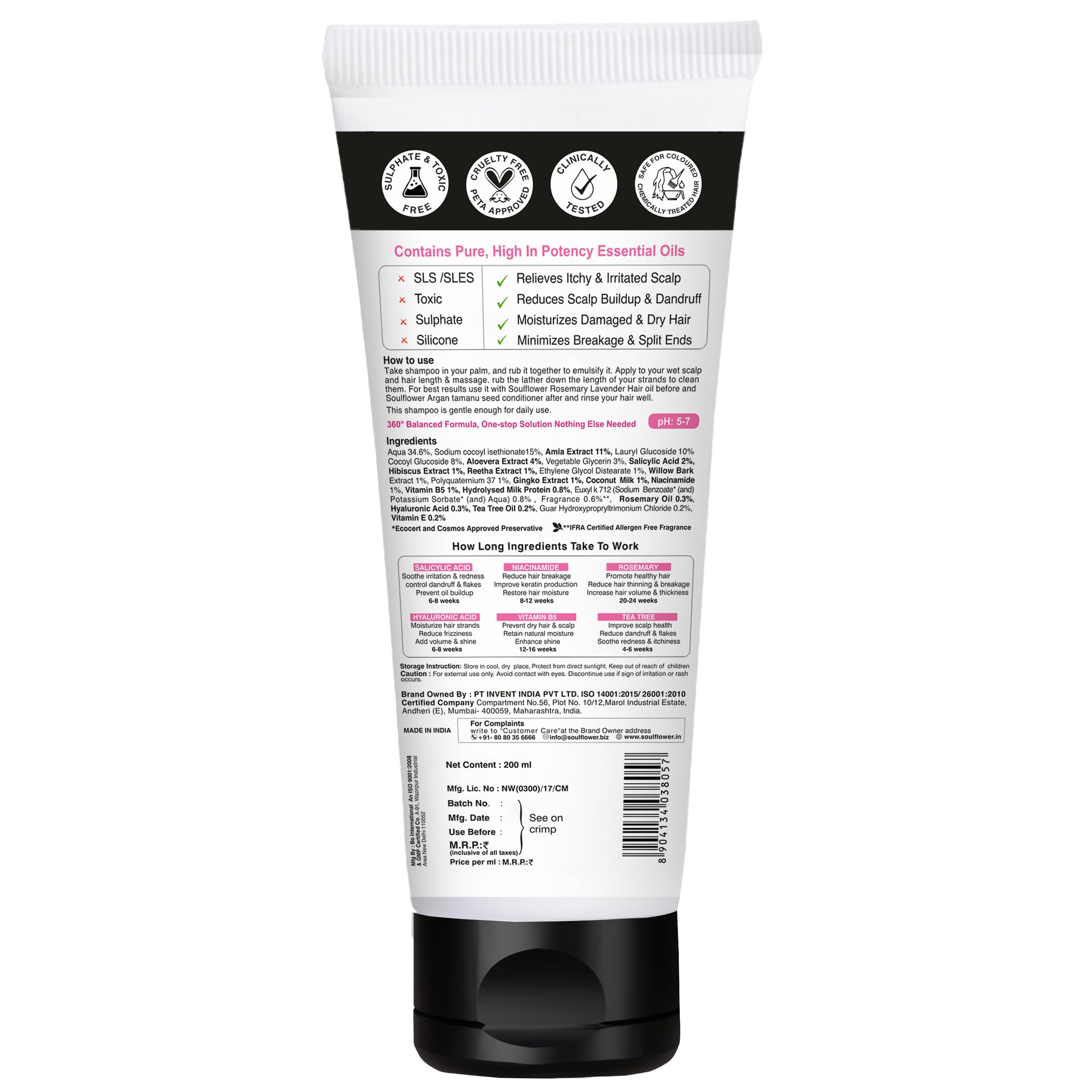 Soulflower Rosemary Shampoo for Hair Growth & Anti Hair Fall - Strengthens & Shines Hair with Tea Tree & Pro Vitamin B5 - Promotes Healthy Scalp for Men & Women (200ml) - Perfect for Daily Hair Care & Scalp Nourishment