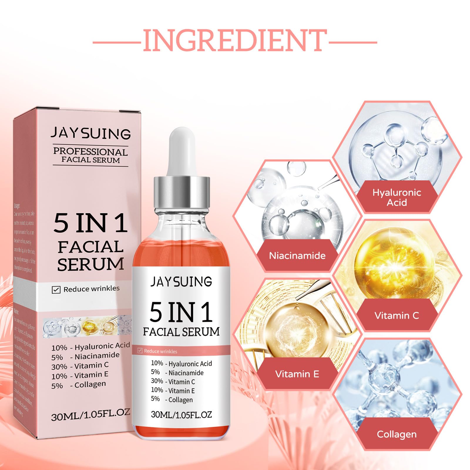 5 in 1 Vitamin C Facial Serum - 30% Vitamin C, Hyaluronic Acid & Niacinamide for Anti-Aging, Wrinkle Reduction & Hydration - Collagen Boosting with Vitamin E - 1.05 Fl.oz - Perfect for Daily Skincare Routine & Nighttime Rejuvenation
