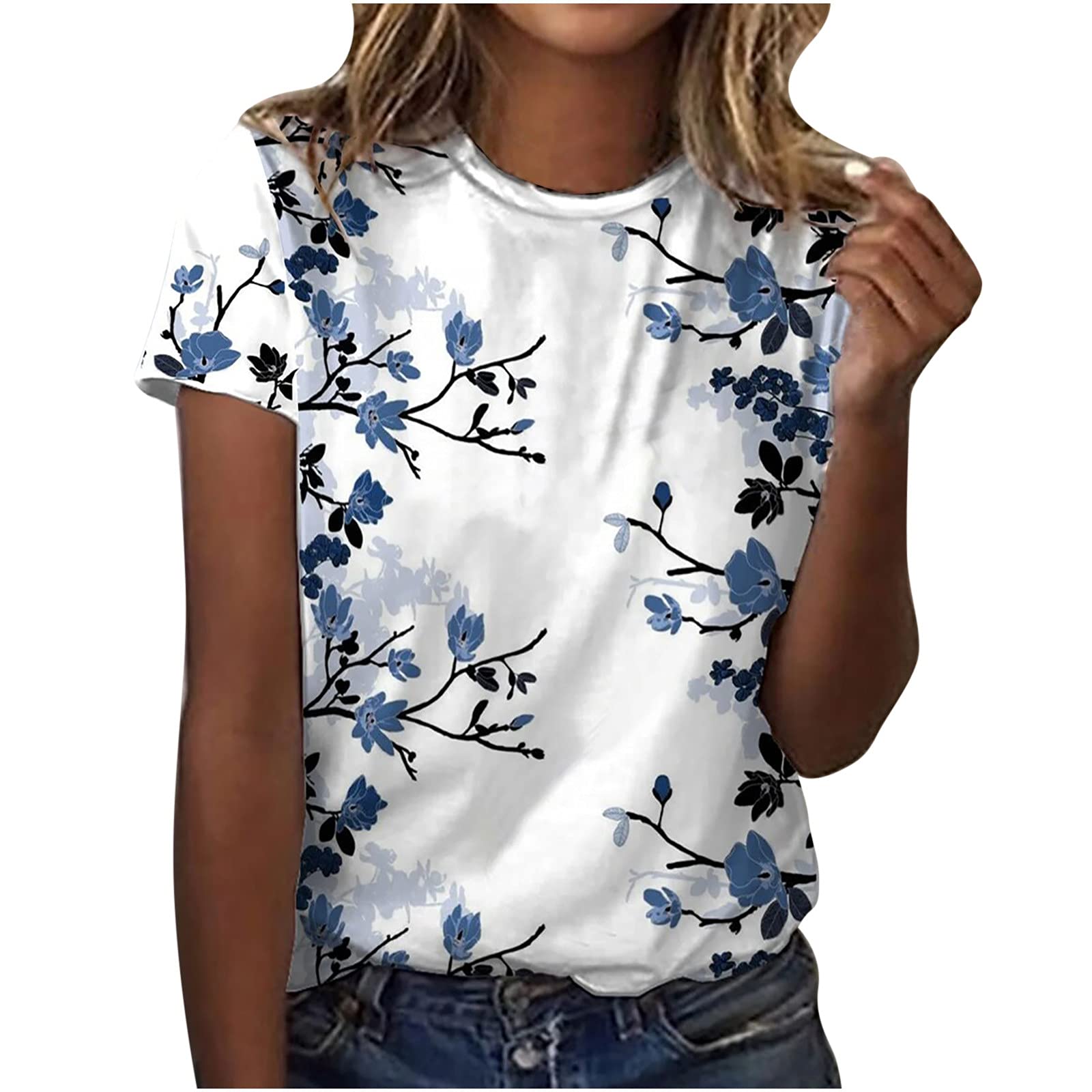 Women's Fashion Crewneck Print Short Sleeve T-Shirt - Casual Loose Blouse for Going Out, Summer Wear & Daily Outfits 2023