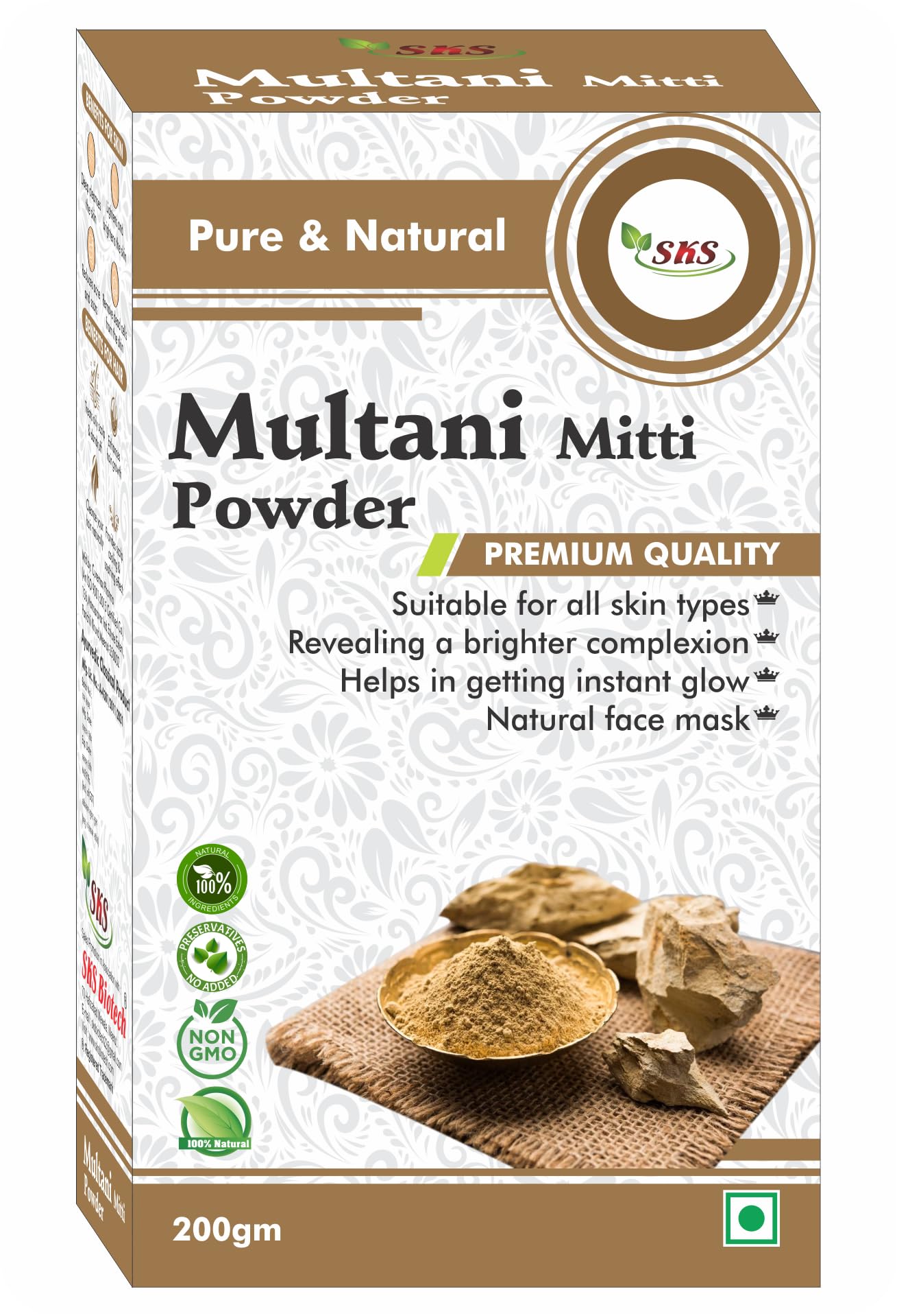 100% Natural SKS Multani Mitti (Fuller's Earth) Bentonite Clay - 200gm for Glowing Skin, Soft Hair & Facial Care | DIY Face Masks, Hair Treatments & Skin Detox