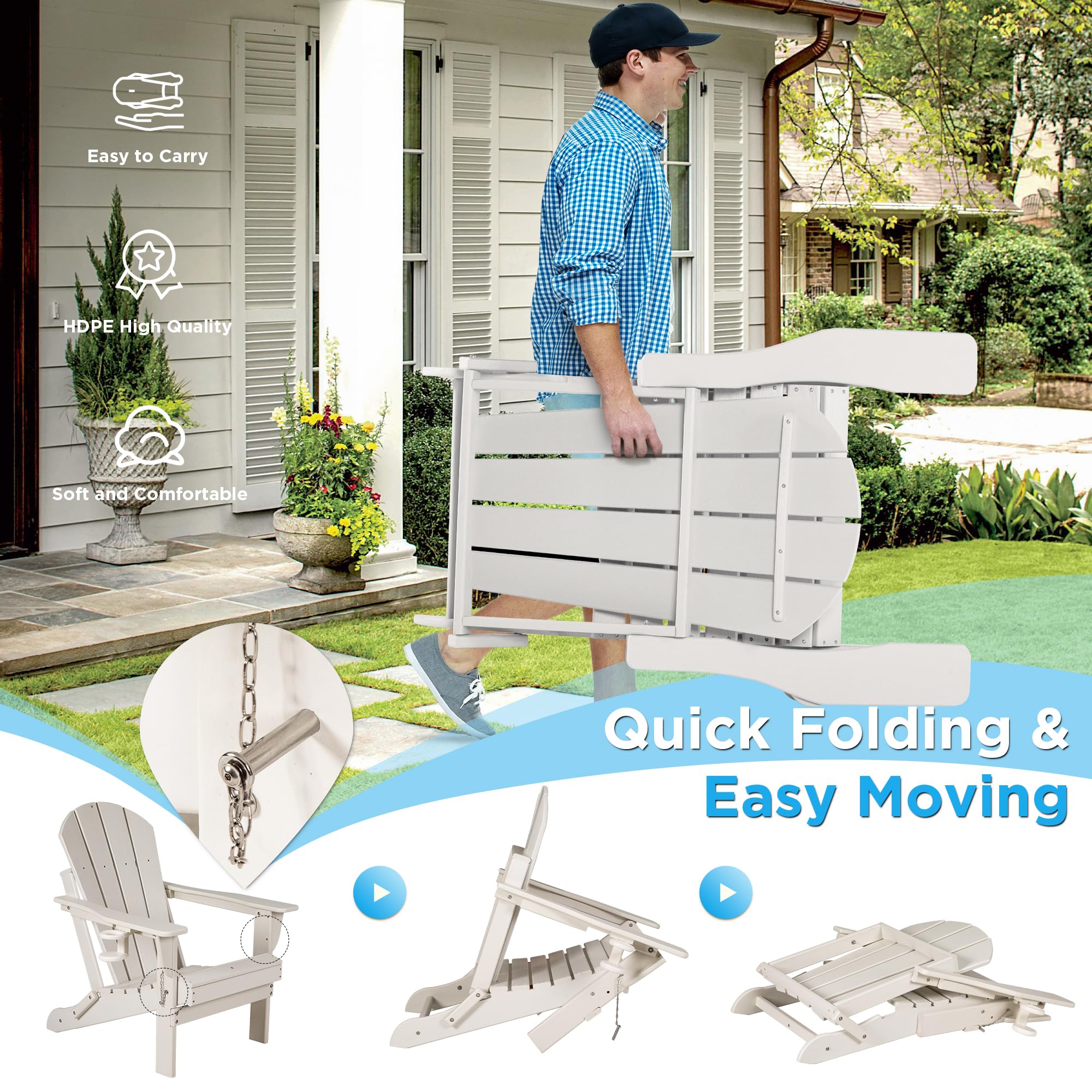 Nalone 2-Pack Folding Adirondack Chairs with Cushions & Cup Holders - HDPE Plastic Oversized Patio Chairs, Weather-Resistant Outdoor Furniture for Garden, Deck, Fire Pit, Camping & Backyard Relaxation (White)