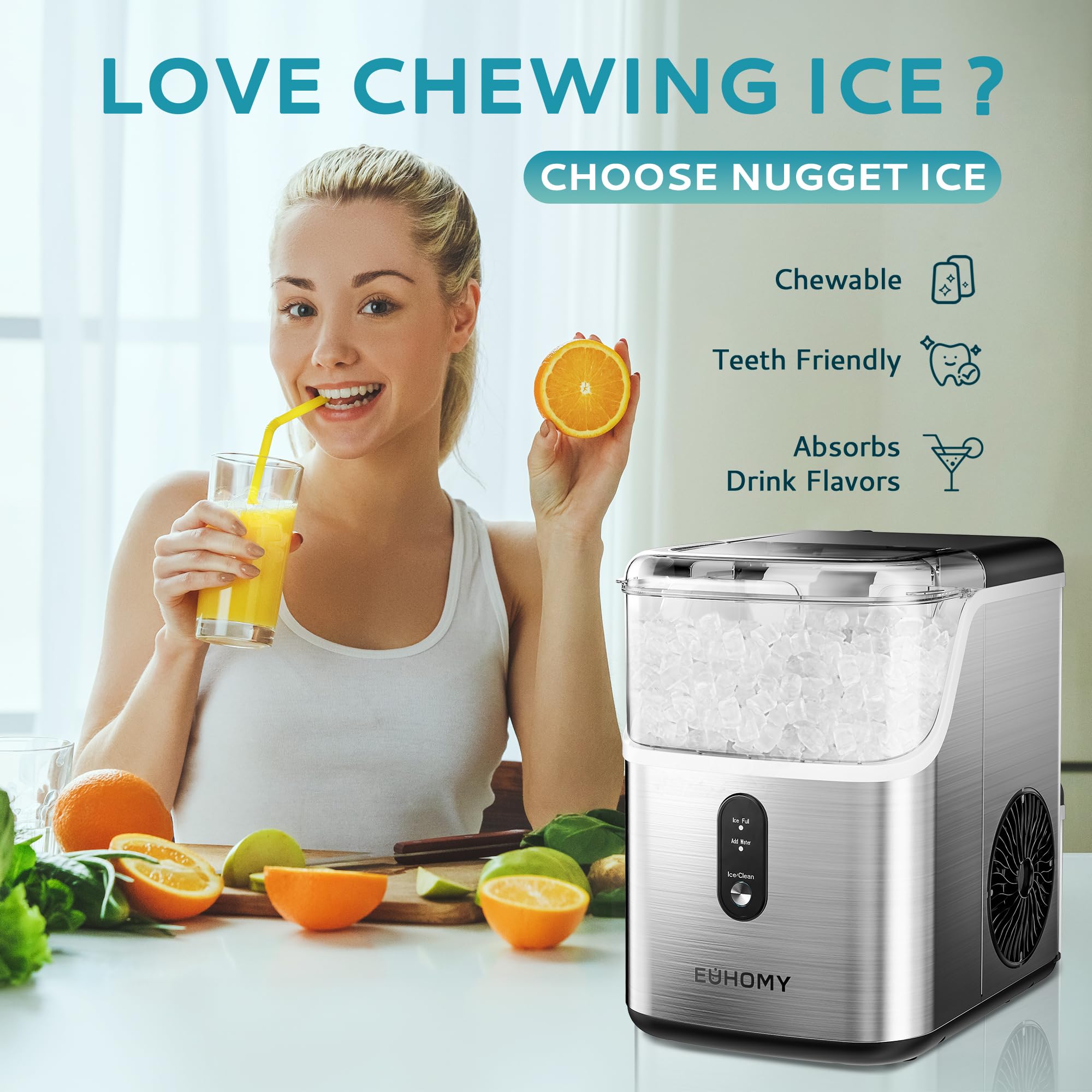 EUHOMY Countertop Nugget Ice Maker Machine - 35lbs/24H Soft Pebble Ice Production, Self-Cleaning Sonic Ice Maker with Ice Scoop & Basket, Stainless Steel Pellet Ice Machine for Home, Kitchen, Office | Perfect for Cocktails, Sodas, and Party Drinks