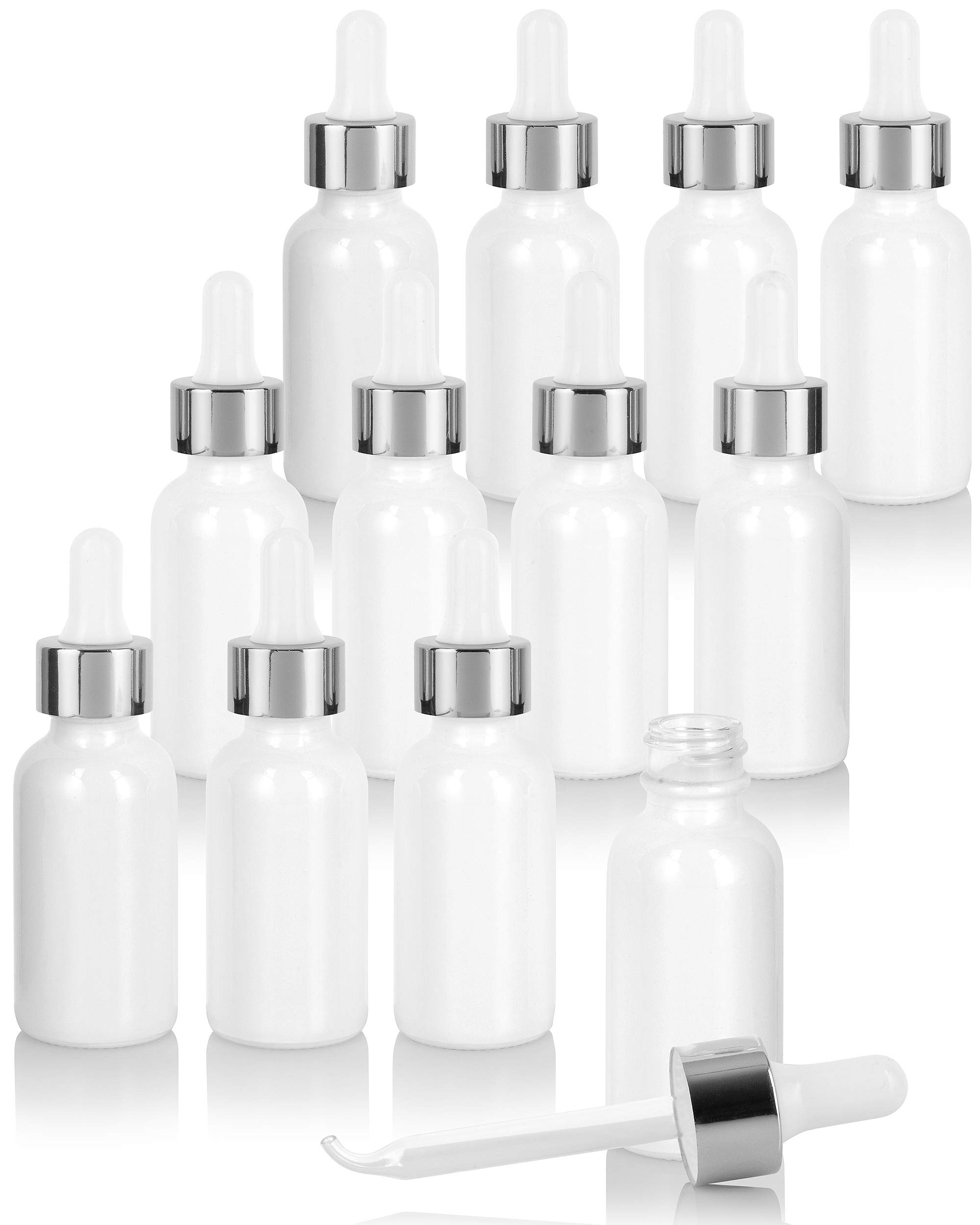 JUVITUS 12-Pack 1 oz Clear Glass Boston Round Bottles with Silver Metal Dropper - High Shine Gloss White for Essential Oils, DIY Skincare & Craft Projects