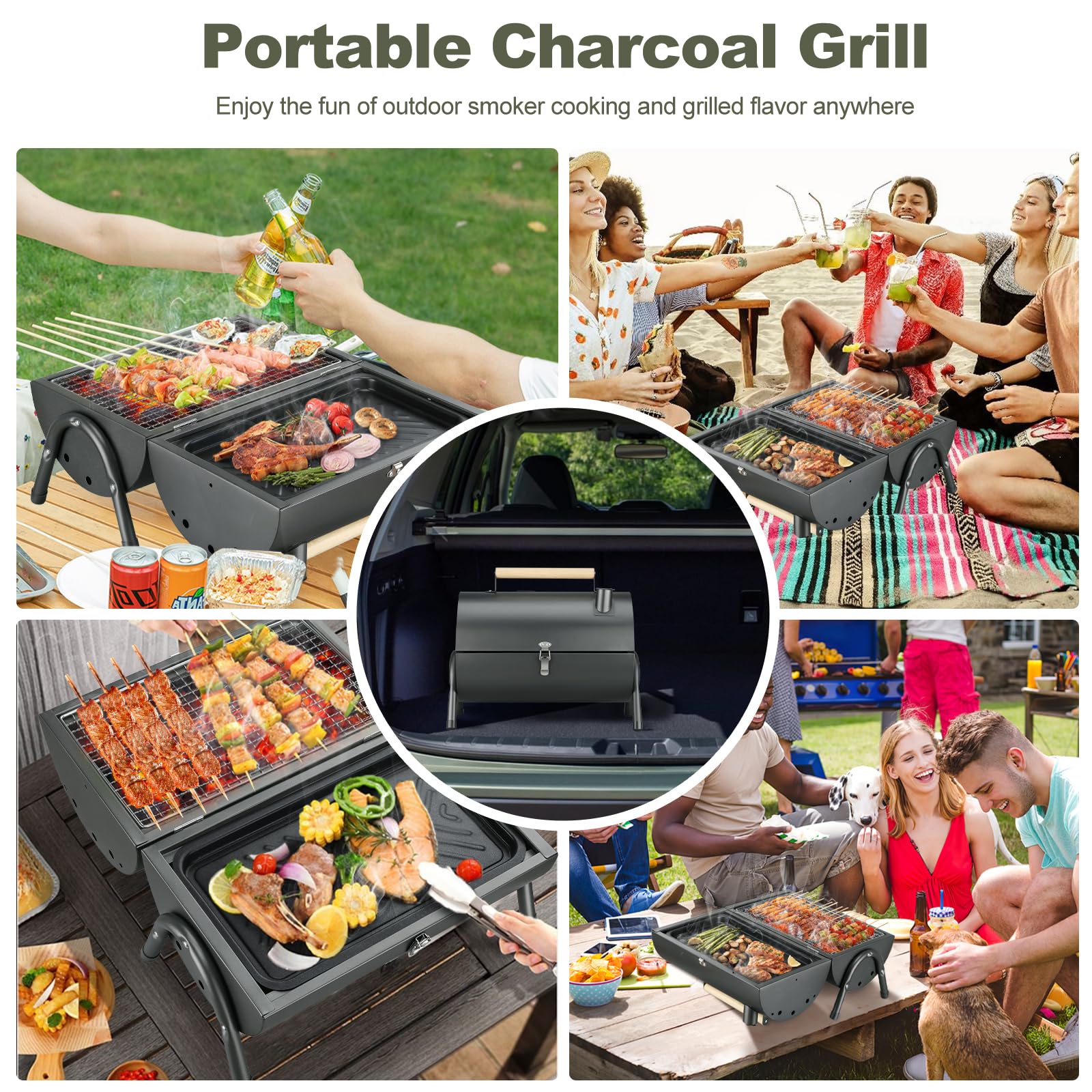 Portable Charcoal Grill - Compact 2-Side Carbon Mini Smoker BBQ for Outdoor Cooking, Camping, Picnics & Backyard | Perfect for Grilling Burgers, Steaks, Vegetables & Seafood | Ideal for Beach, Tailgating, RV Trips, Patio & Family Gatherings (Black) | Great for Small Spaces, Apartment Balconies & Quick Outdoor Meals | Best for Camping Trips, Backyard BBQs, Beach Parties & RV Adventures