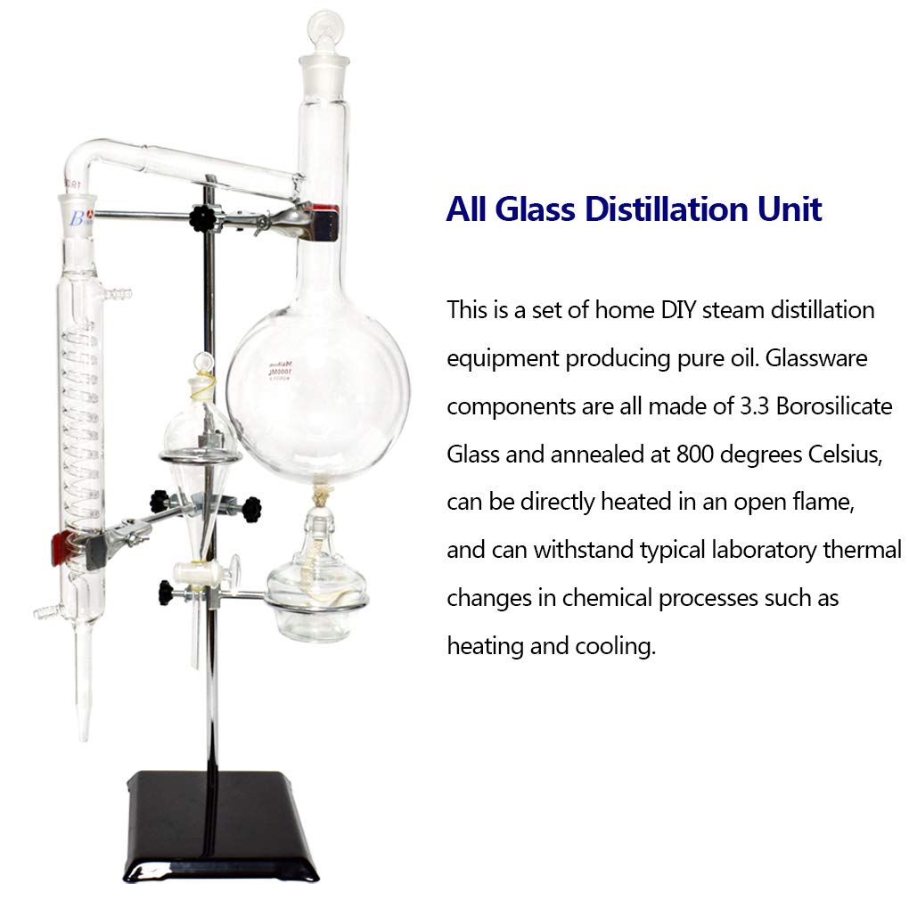 1000ML Essential Oil Distillation Kit - Glass Distillation Apparatus with Condenser & Flask for Home Lab, Aromatherapy, Herbal Extraction & Water Purification | Perfect for DIY Essential Oils, Hydrosols & Distilled Water