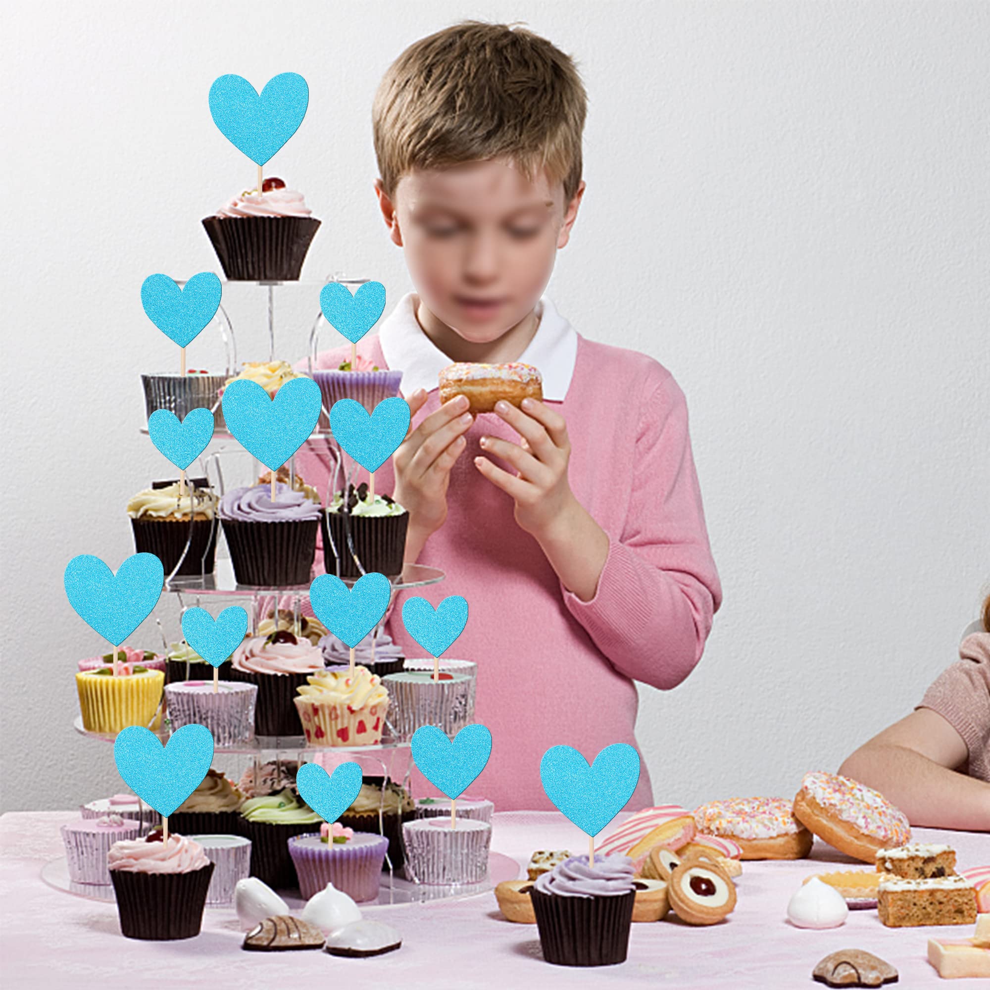 Rsstarxi 30 Pack Blue Glitter Heart Cupcake Toppers - Premium Food Picks for Baby Showers, Weddings, Bridal Showers, Birthday Parties & Valentine's Day - Perfect for Cake Decorations, Dessert Displays & Party Food Presentation