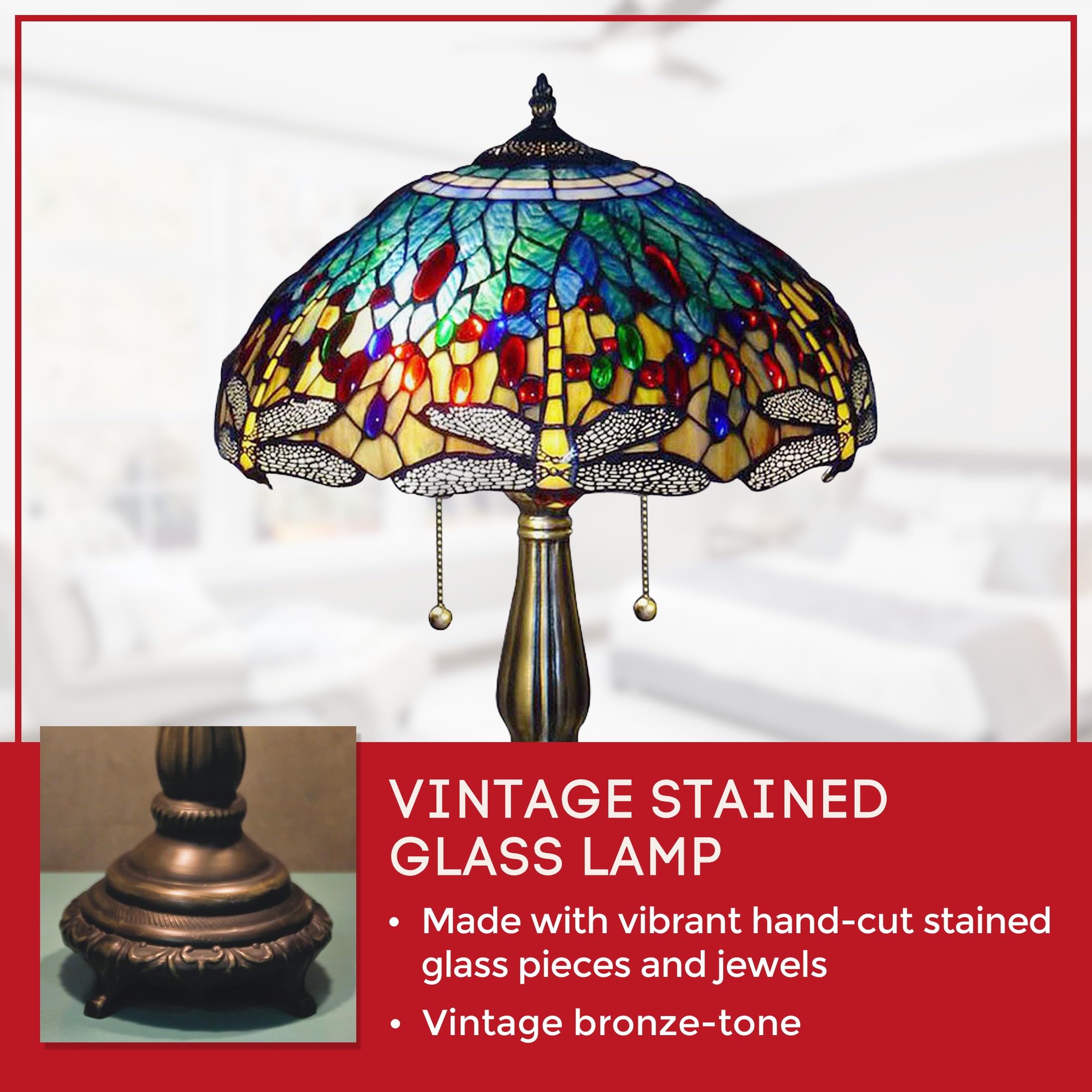 Serena D'italia Tiffany Table Lamp - Yellow Dragonfly Antique Desk & Nightstand Lamp - 22-inch Blue & Yellow Stained Glass Lamp for Bedroom, Living Room, Office Decor