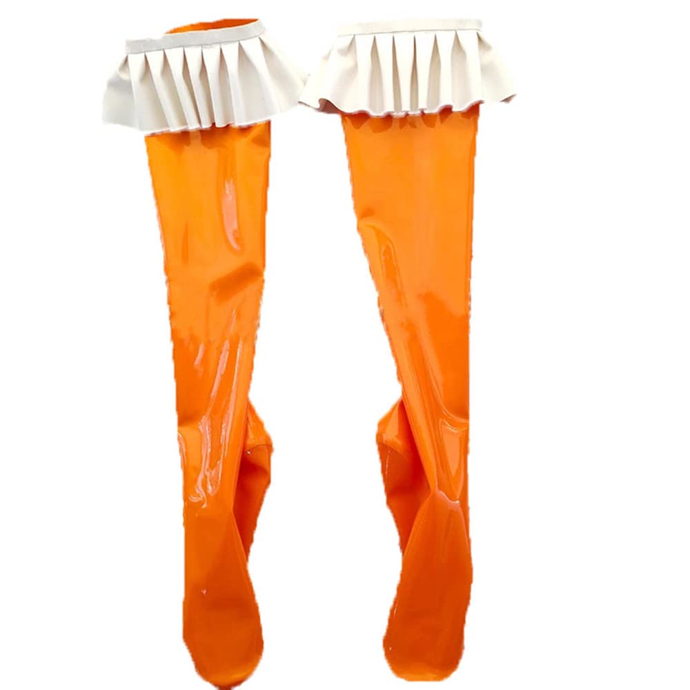 Sexy Latex Stockings for Women - Orange Rubber Thigh Highs with White Lace Trim | Perfect for Dance, Cosplay & Fetish Wear