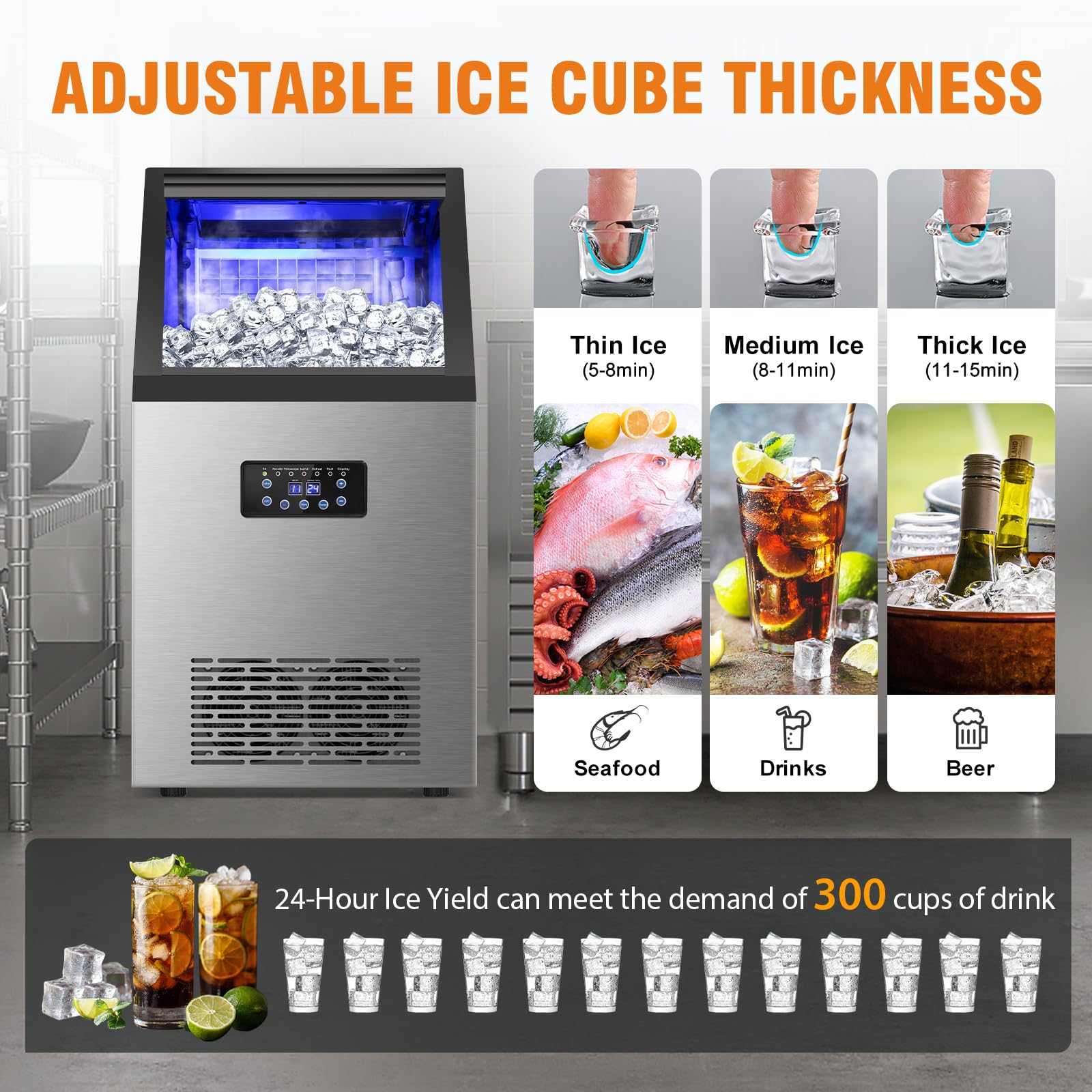 Commercial Ice Maker Machine 120Lbs/24H with 30Lbs Storage Bin - 40 Ice Cubes in 6 Minutes - 2-Way Water Supply Under Counter Freestanding Ice Machine for Home Bar, Office, Restaurant, and Commercial Use - Perfect for Cocktails, Beverages, and Large Gatherings