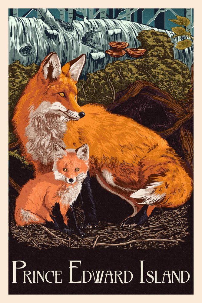Prince Edward Island Fox and Kit Letterpress 53772 - Signed 24x36 Art Print, Wall Decor Poster for Living Room, Bedroom & Office