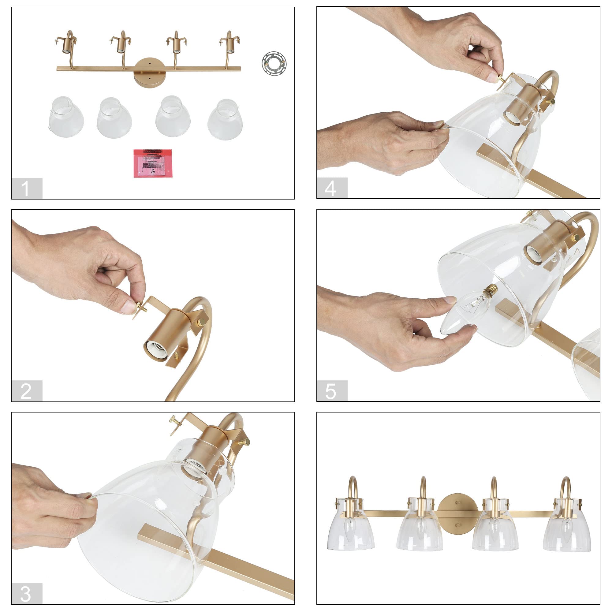KSANA Gold Vanity Lights - 4 Light Bathroom Mirror Lighting with Clear Glass Shades for Modern Bathrooms