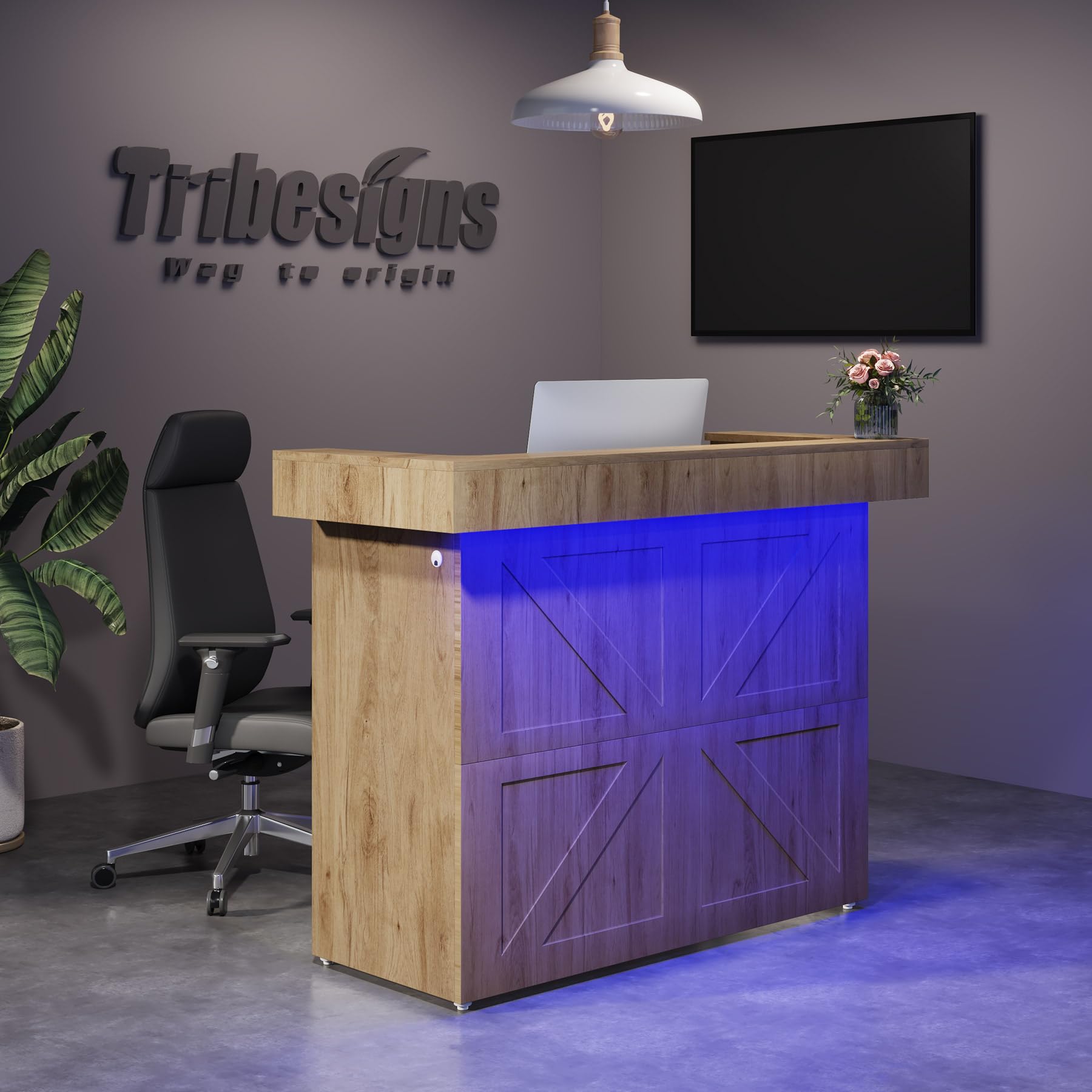 Tribesigns 55-Inch Modern Reception Desk with Built-in Light & Cable Grommets - Brown Office Lobby Counter Table for Salon, Retail Shop & Business Waiting Area - Perfect for Professional Spaces & Commercial Interiors