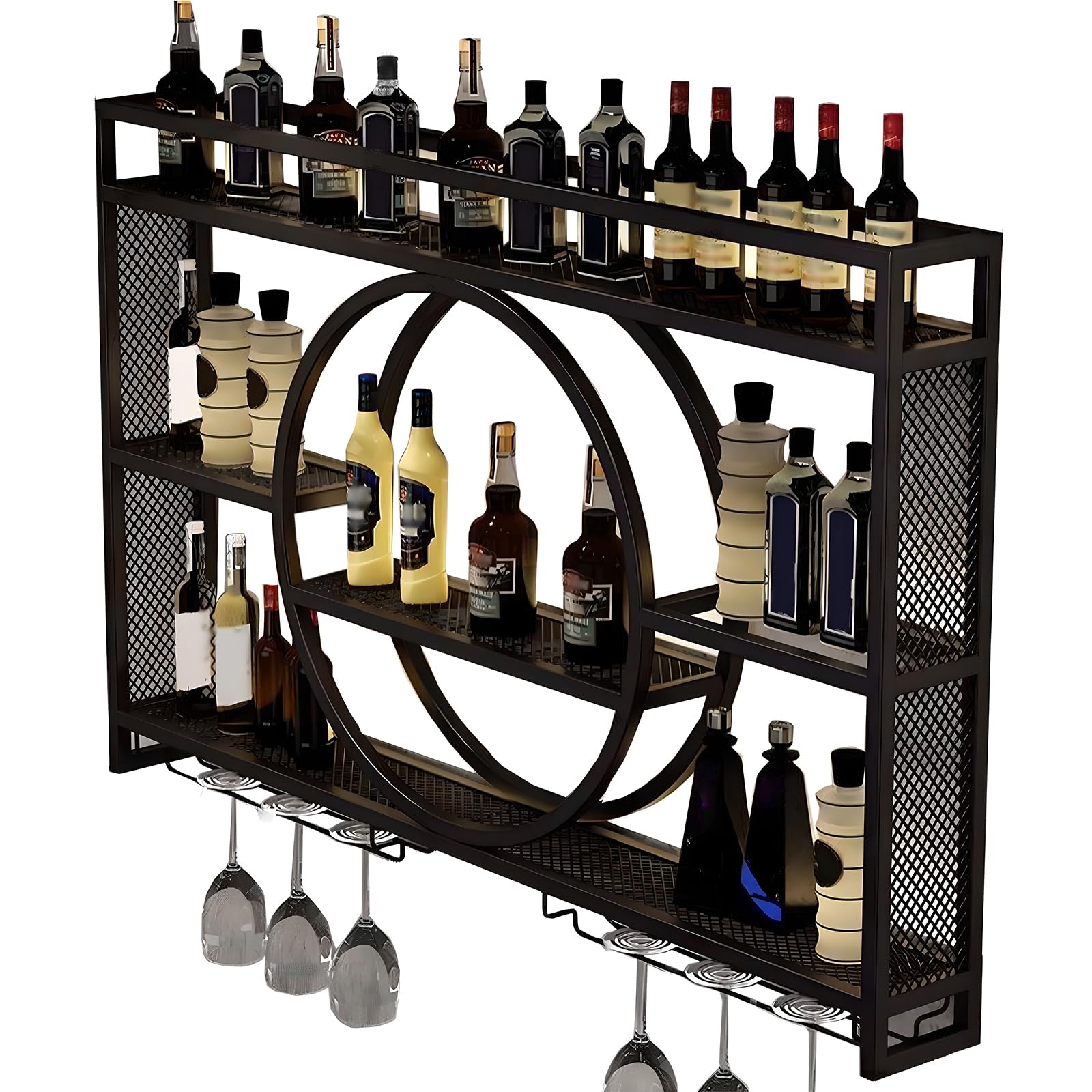 Modern Round Wall Mounted Wine Rack - Large Capacity Hanging Iron Display Stand for Kitchen, Living Room & Bar - Decorative Bottle Storage Solution (Black, 47.2 x 5.9 x 31.4 Inches) - Perfect for Home Decor, Entertaining Guests & Wine Collection Display