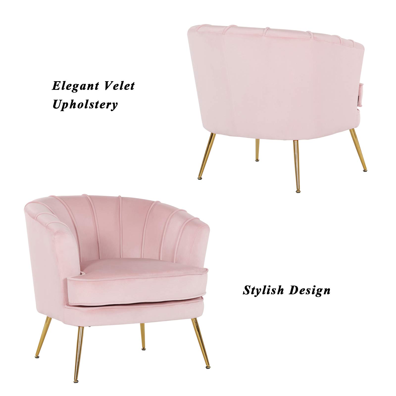 Velvet Barrel Chair with Golden Legs - Pink Tufted Accent Armchair for Living Room & Bedroom Decor