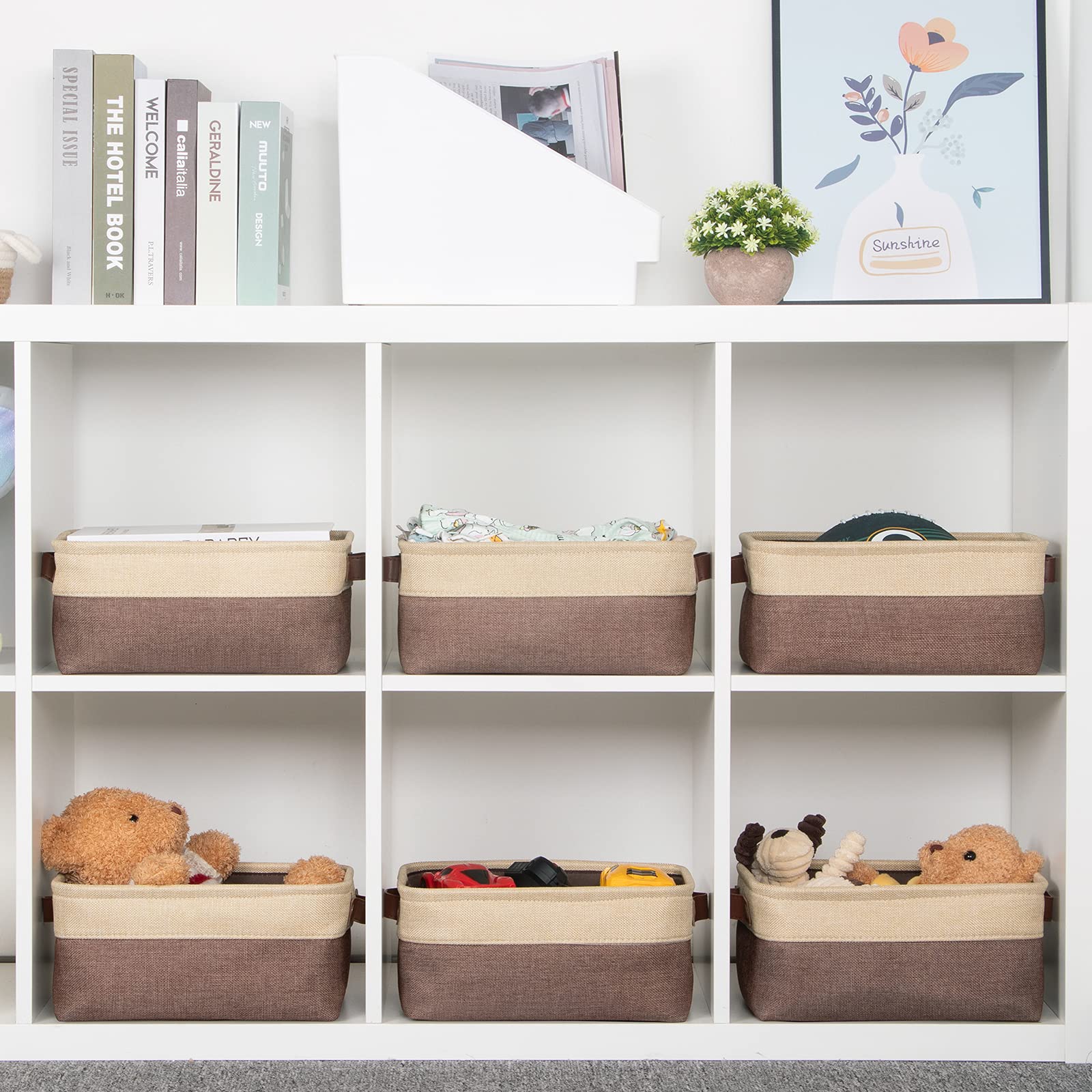 Foldable Fabric Storage Baskets for Shelves (6-Pack) - Small Canvas Bins with Handles for Closet, Nursery, Home & Toy Organization - Gold & Brown 11.8