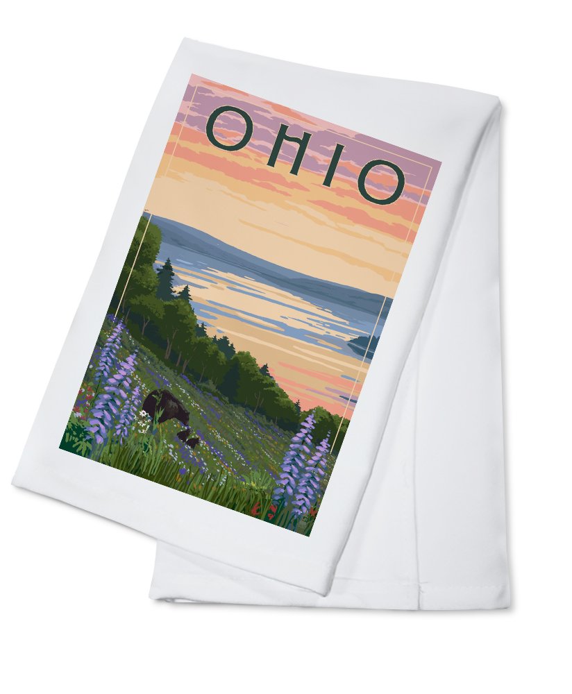 Ohio, Lake and Bear Family 100% Cotton Tea Towel - Decorative Hand Towel for Kitchen, Bathroom & Home Decor - Perfect for Dish Drying, Gift Giving and Farmhouse Style Decor