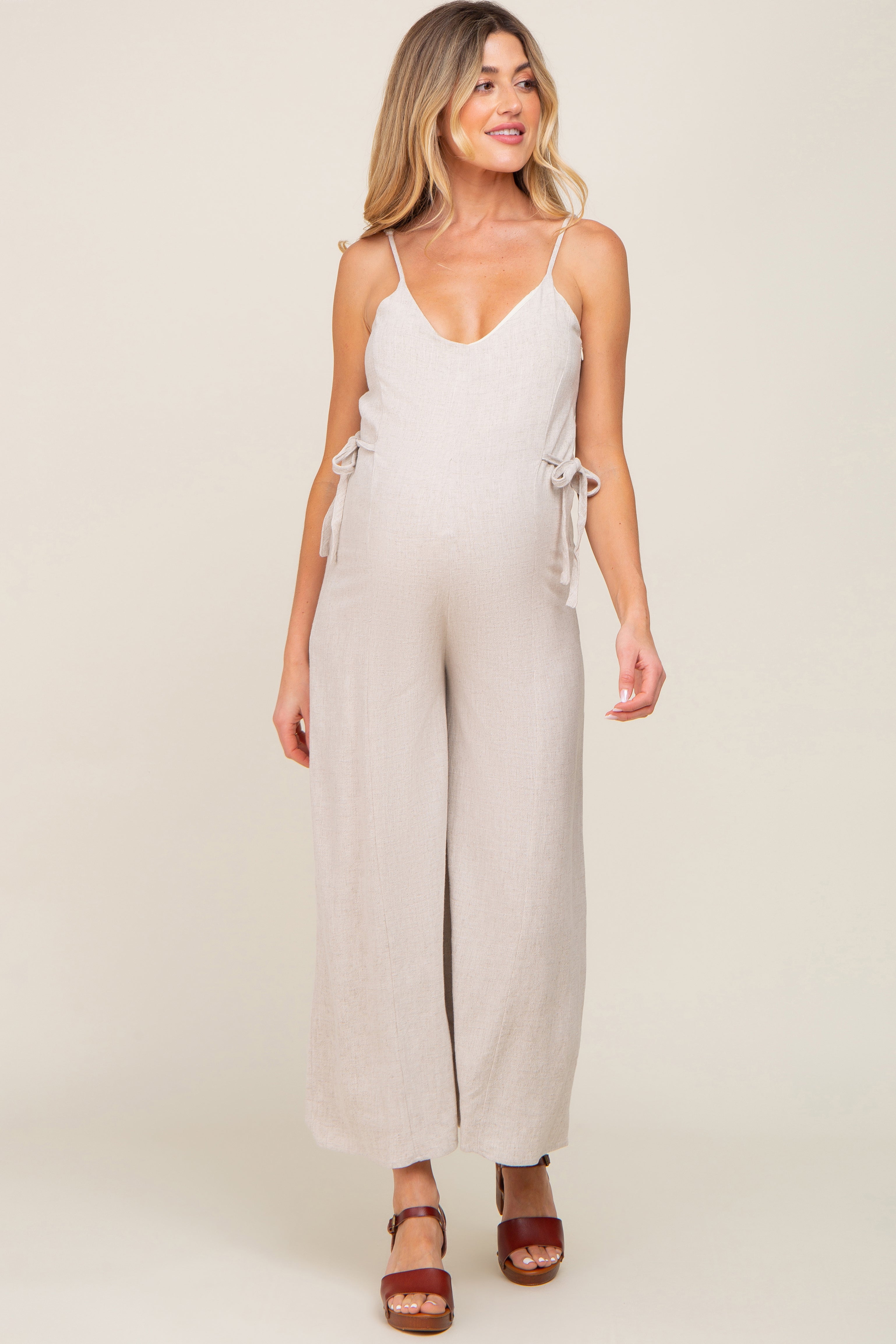 Beige Linen Maternity Jumpsuit - Criss Cross Back & Side Tie Wide Leg Design for Comfortable Pregnancy Wear | Perfect for Casual Outings, Maternity Photos & Summer Maternity Fashion