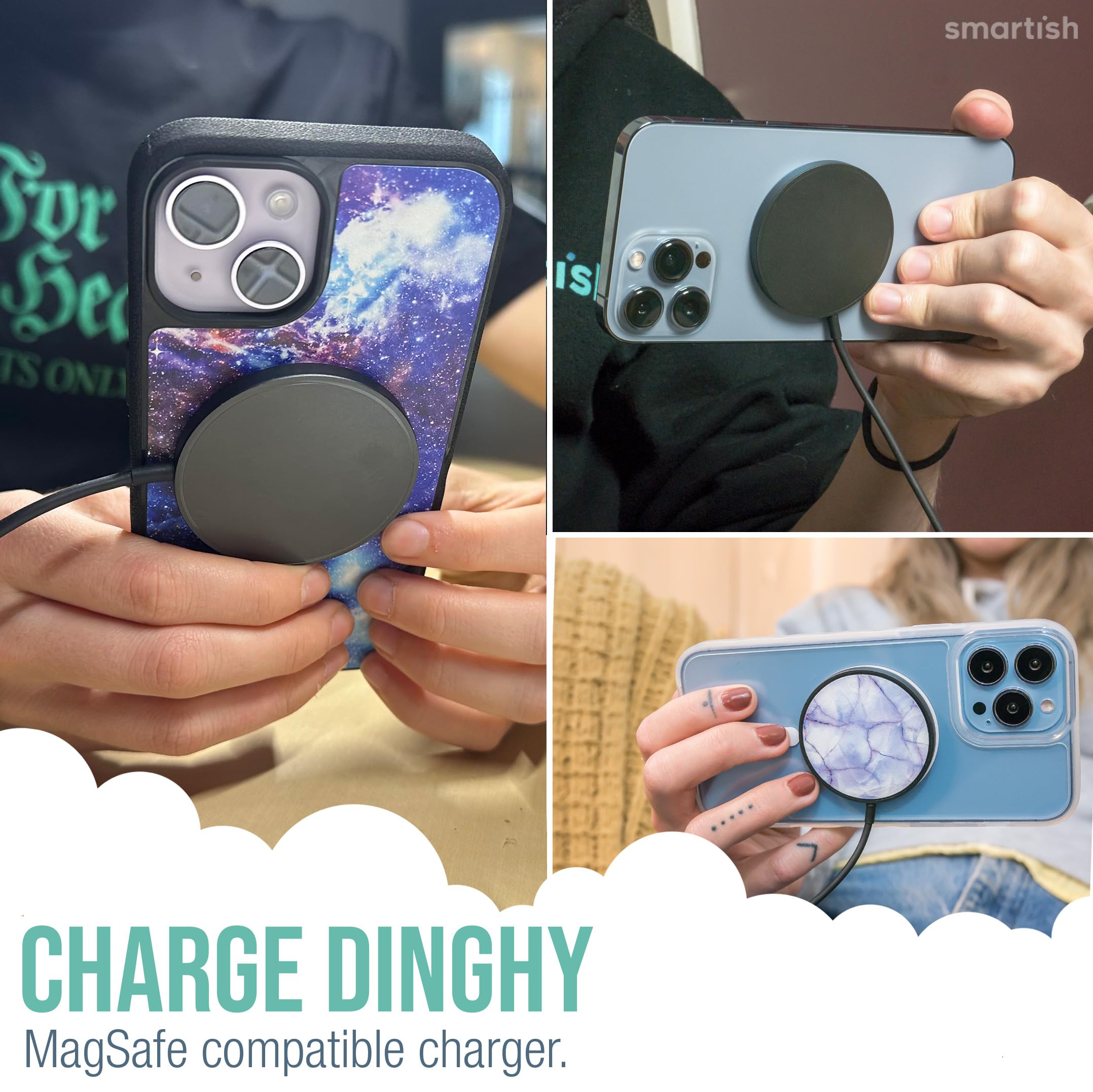 Smartish Magnetic Wireless Charger for iPhone 14/13/12 Series & AirPods 3 - 7.5W Fast Charging | Magsafe Compatible | USB-C & USB-A Cable Included | Works with Stands & Mounts | Perfect for Home, Office & Car Use