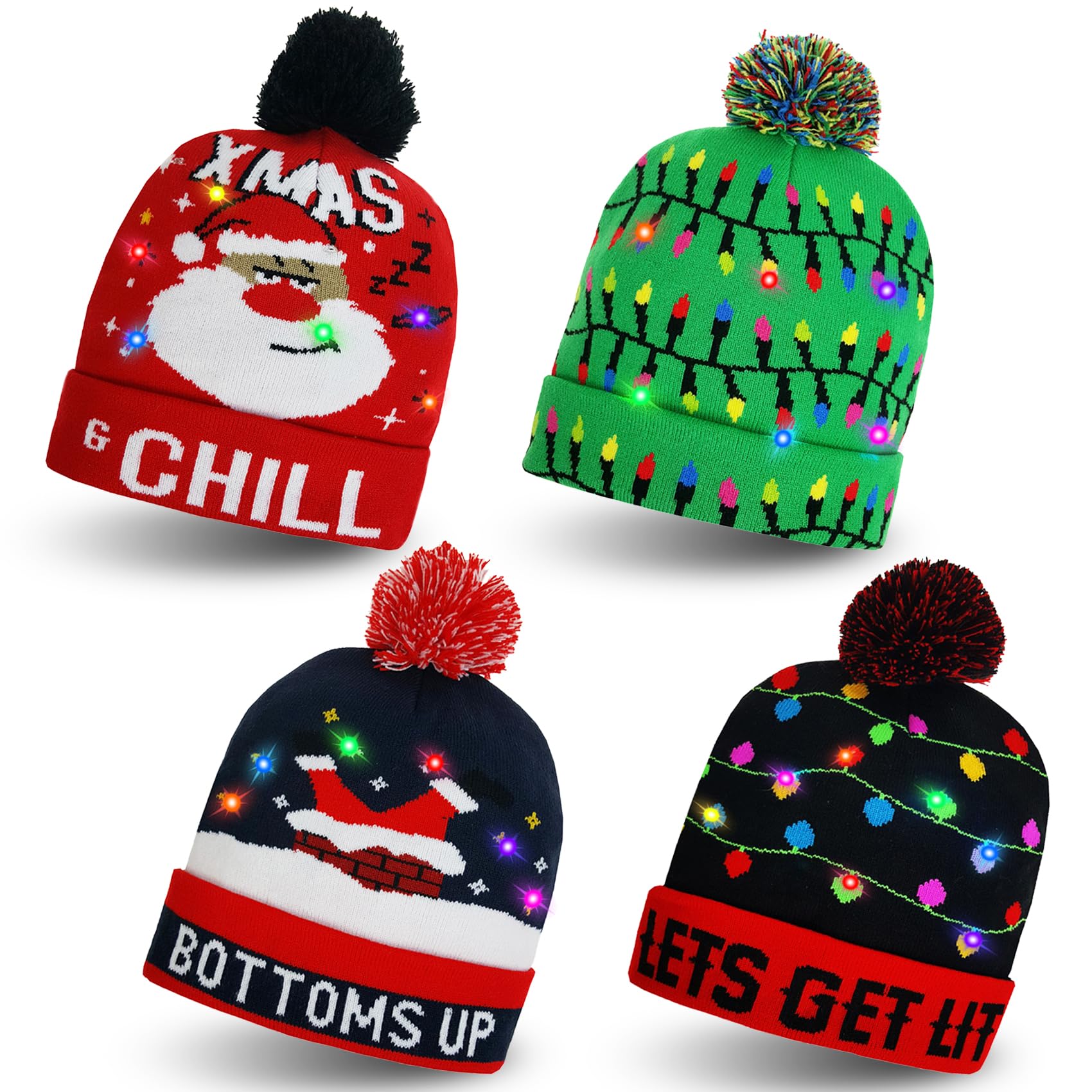 4-Pack LED Christmas Knitted Hats with 6 Colorful Built-in Lights - Unisex Light Up Beanie for Ugly Sweater Parties, Winter Holidays & Festive Gatherings | Perfect for Christmas Celebrations, Gift Exchanges & Family Photos