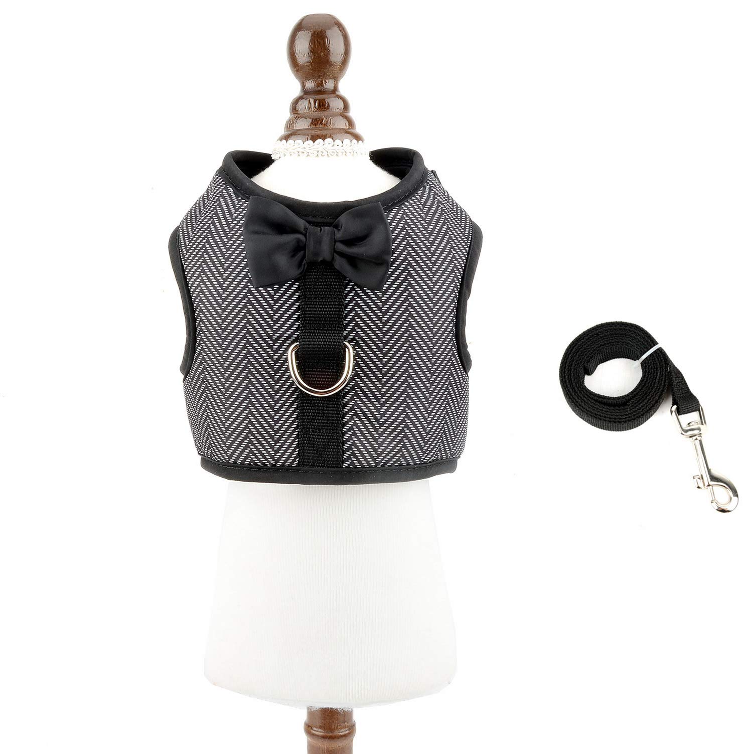 Adjustable No-Pull Escape-Proof Bowtie Houndstooth Cat & Small Dog Harness with Leash Set - Soft Waterproof Walking Vest for Puppies & Kittens - Outdoor Pet Safety (Black, Medium) - Perfect for Walks, Hiking & Outdoor Adventures