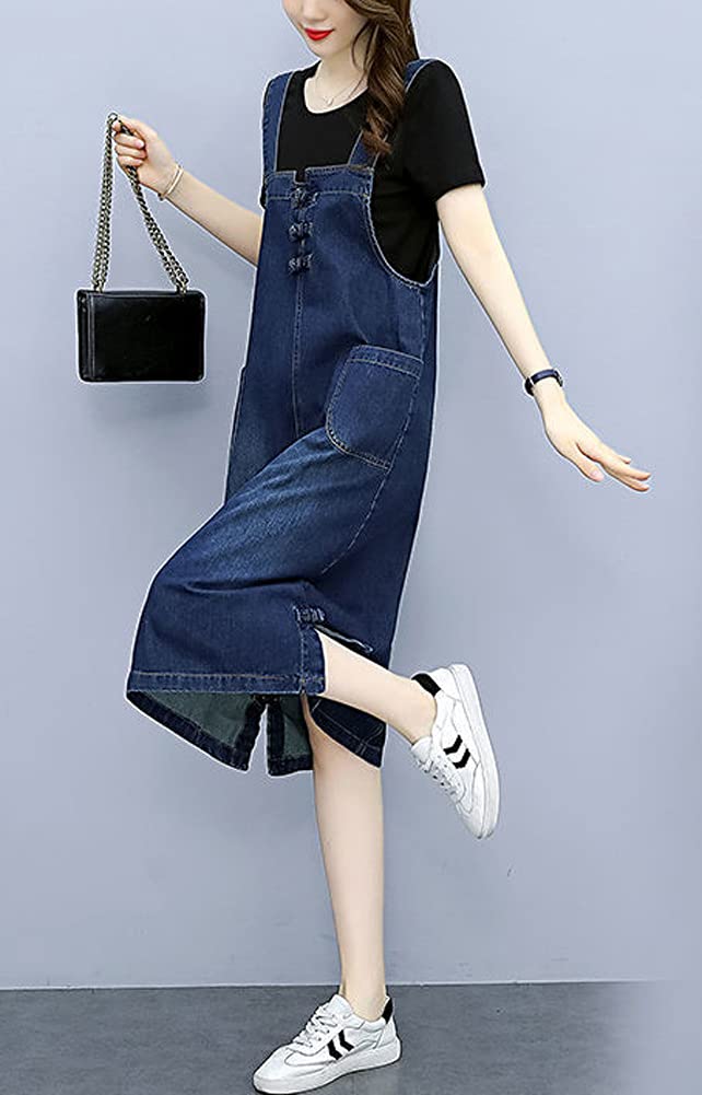 Women's Casual Frog Button Decor A-Line Midi Long Denim Overalls Dress - Stylish Outfit for Spring, Summer & Fall Fashion, Perfect for Daily Wear, Shopping, Dating & Outdoor Activities