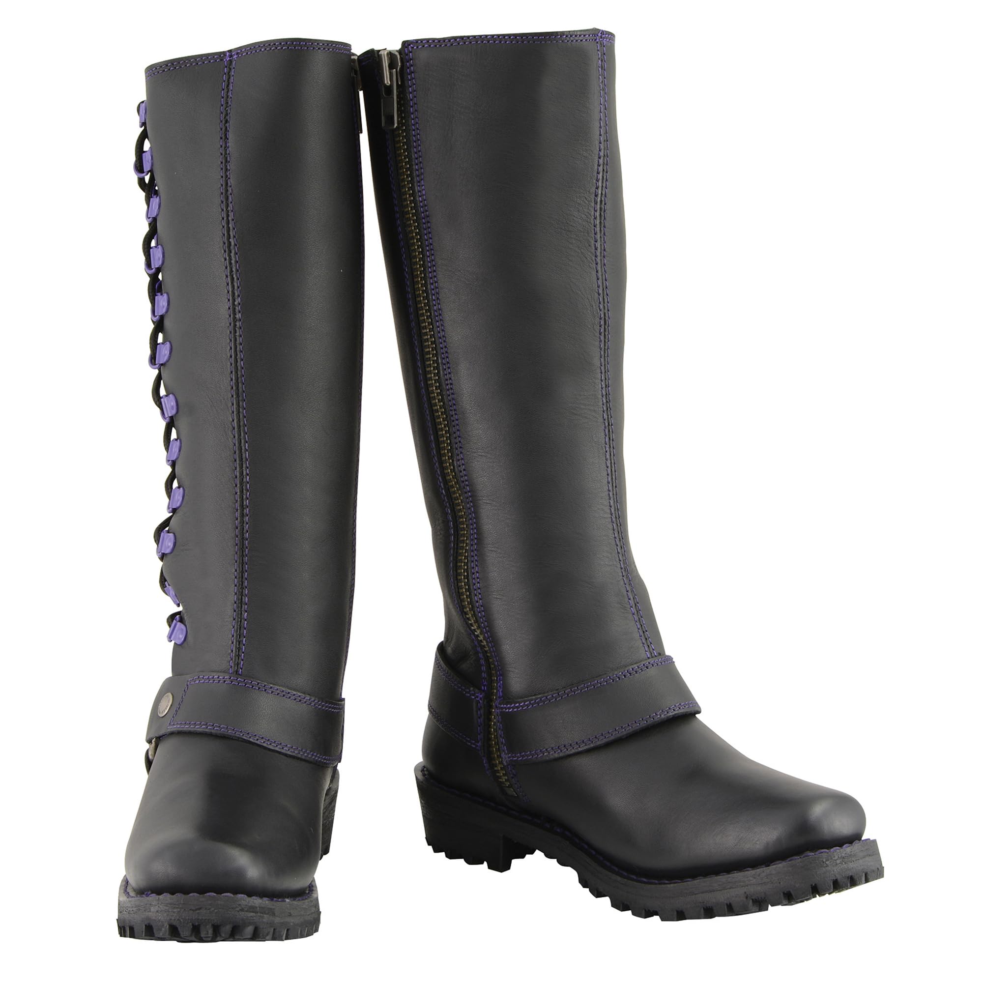 Milwaukee Leather Women's Black 14-inch Motorcycle Boots with Purple & Pink Lacing - Harness Style Biker Boots for Riding & Fashion (MBL9366-MBL9367) | Perfect for Cruiser Motorcycles & Urban Streetwear