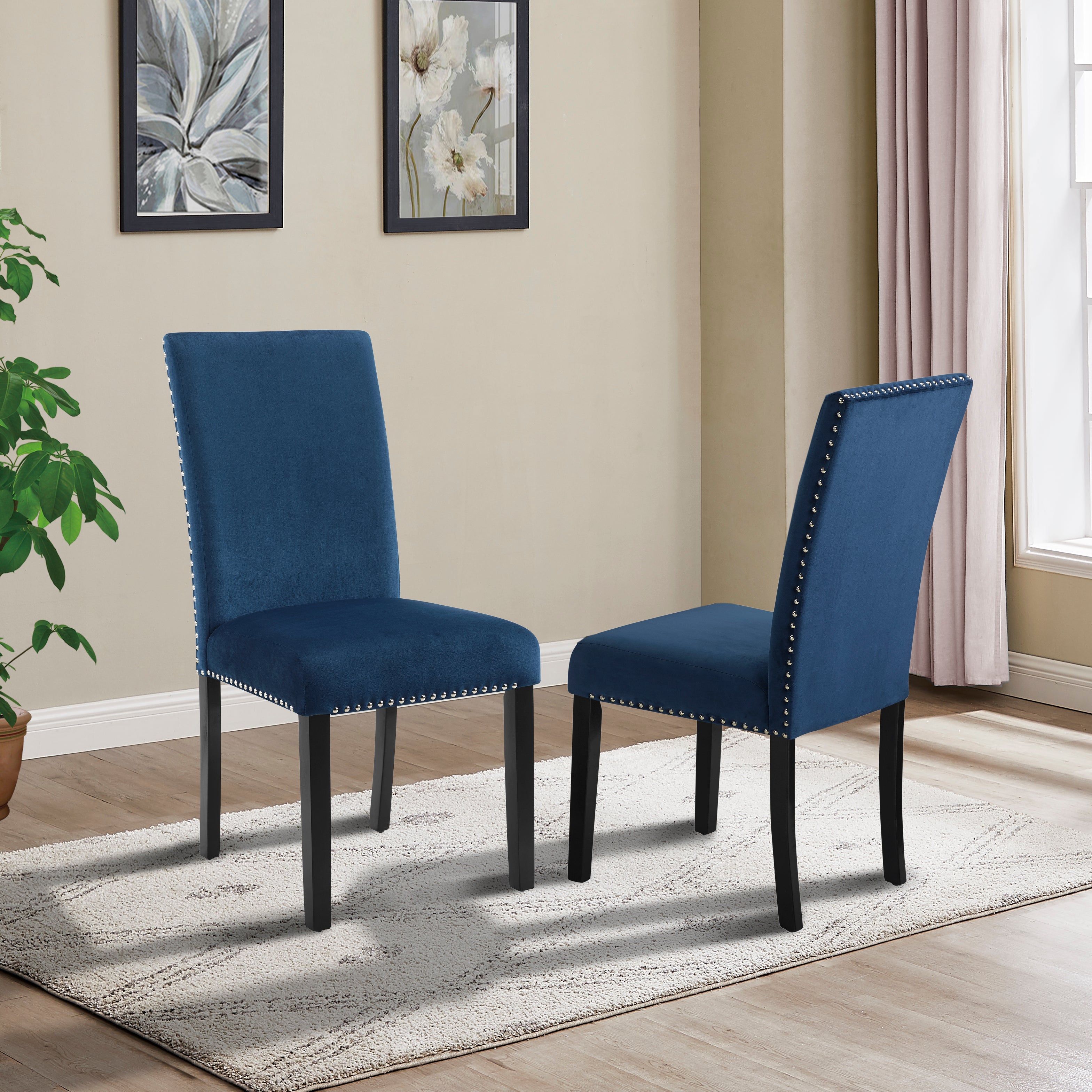 Roundhill Furniture Cobre Contemporary Velvet Dining Chairs with Nailhead Trim - Set of 2 Blue Upholstered Side Chairs for Dining Room, Kitchen, or Office - Modern Comfortable Seating for Home Decor