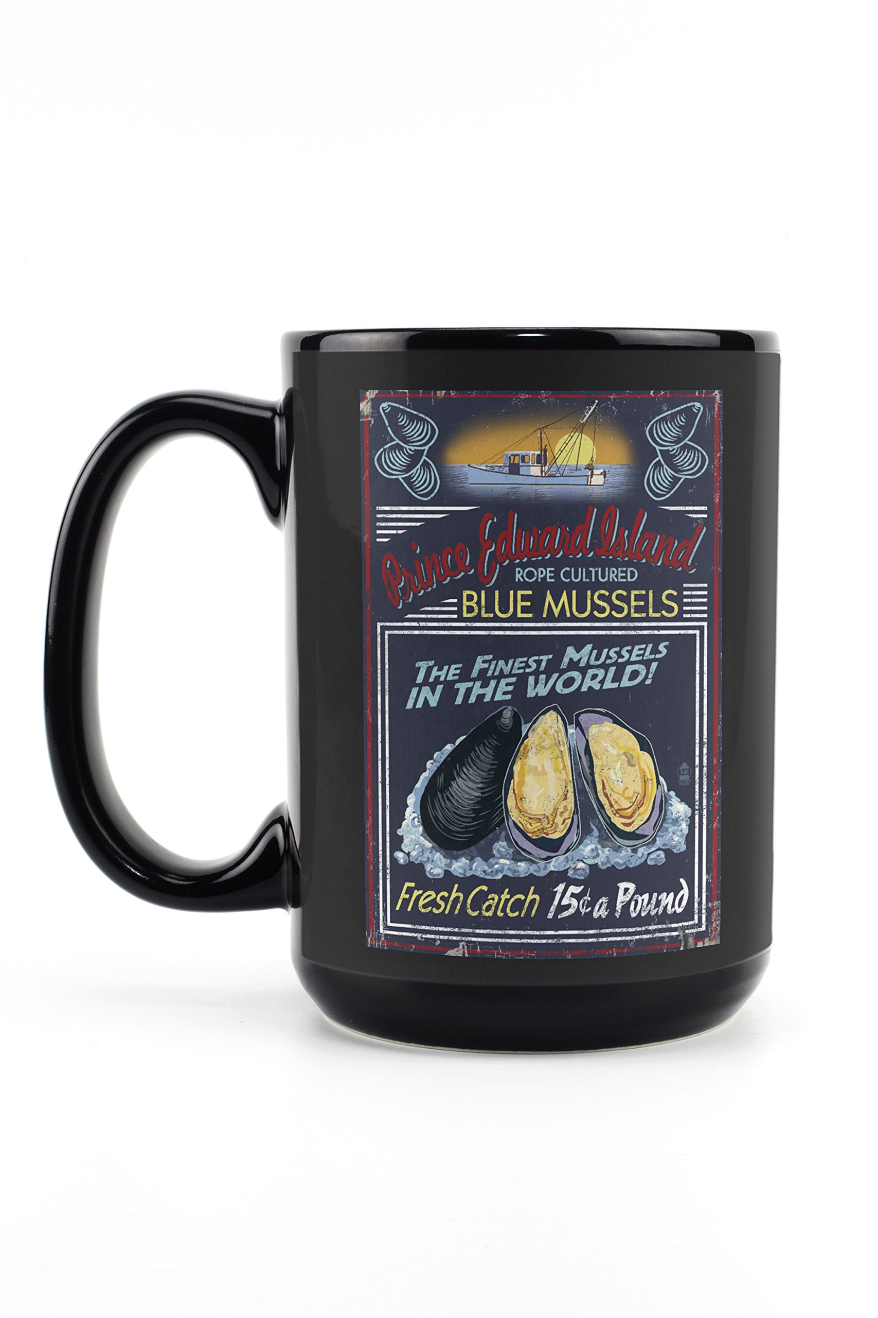 Vintage Prince Edward Island Mussels Sign 15oz Black Ceramic Coffee Mug - Microwave & Dishwasher Safe - Perfect for Tea, Coffee & Hot Beverages at Home or Office