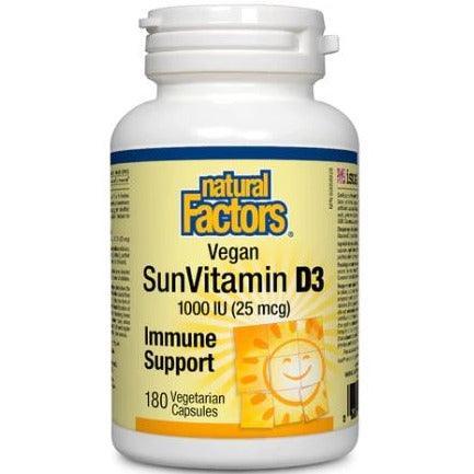 Natural Factors Vegan SunVitamin D3 1000IU - 180 Plant-Based Capsules for Immune Support & Bone Health - Perfect for Vegans & Daily Supplement Routine