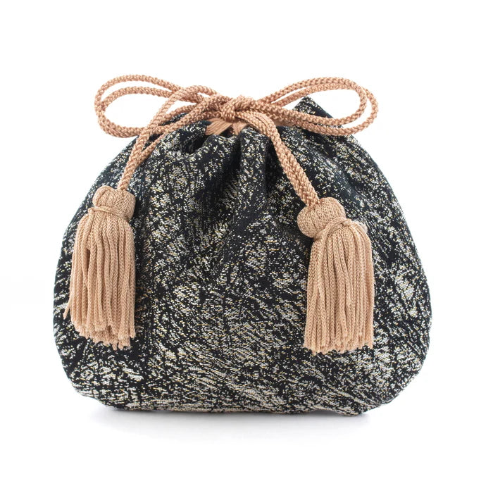 Nishijin Ori Small Drawstring Bag - Crumpled Silver & Black Pattern | Handmade in Kyoto Japan | Traditional Japanese Craft Purse for Coins, Jewelry & Gifts