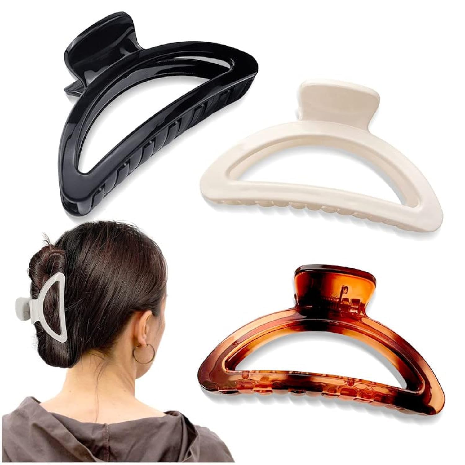 Kalevel Strong Hold Hair Claw Clips - Non Slip Banana Hair Clips for Women & Girls - Perfect for Thick or Thin Hair (White, Amber, Black) | Great for Workouts, Office, and Everyday Styling