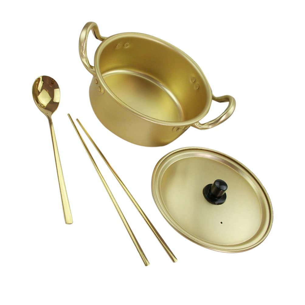 Korean Instant Noodle Pot Set - Golden Aluminum Cookware with Spoon | Hemoton Multifunctional Kitchen Accessories for Home, Picnic & Camping | Durable Korean-Style Cookware for Ramen, Soup & Hot Pot