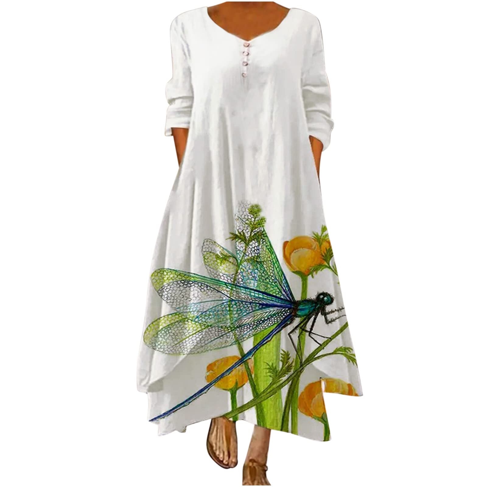 Women's Floral Print Maxi Dress with Irregular Hem - Long Sleeve Loose Fit Casual T-Shirt Dress with Pockets | Perfect for Summer Outings, Beach Vacations & Everyday Wear