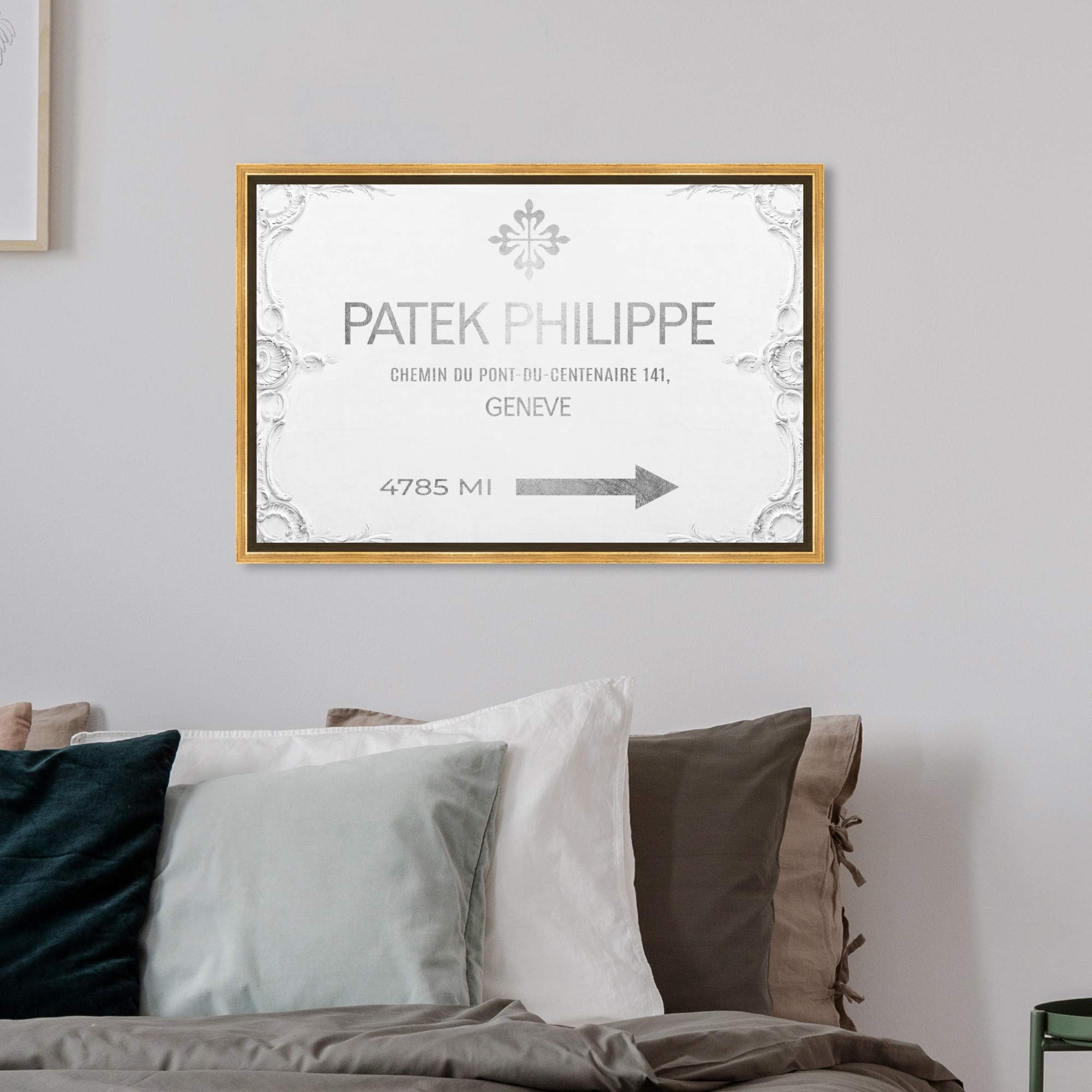Oliver Gal Artist Co. Fashion & Glam Wall Art Framed Canvas Print - Geneva Watches Road Signs Home Decor (24x16 Inches, Gray & White) | Perfect for Living Room, Bedroom & Office Wall Decor