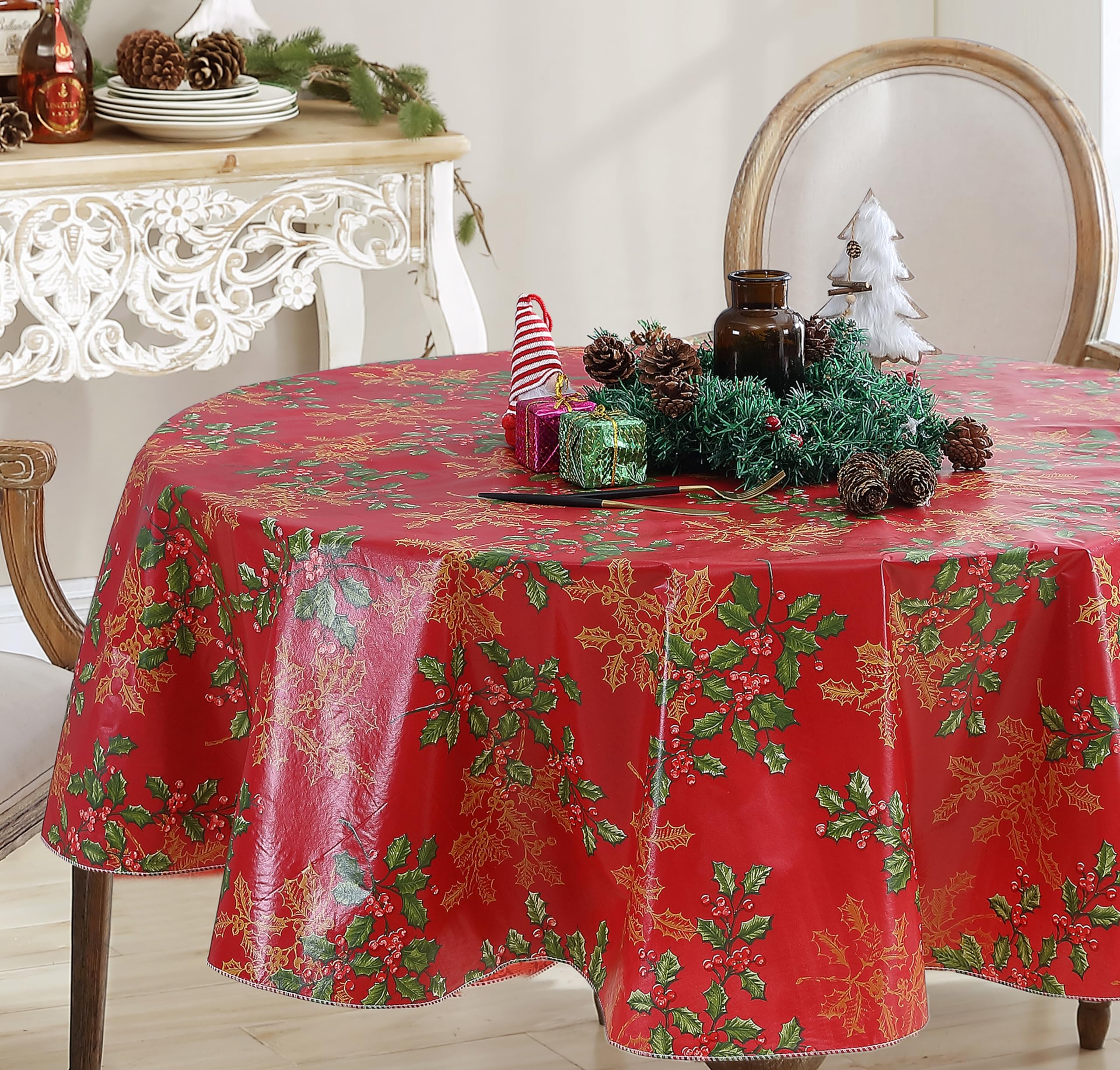 Newbridge Red Golden Holly & Berry Christmas Vinyl Tablecloth - Flannel Backed Holiday Table Cover with Wipe-Clean Easy Care Fabric, 70