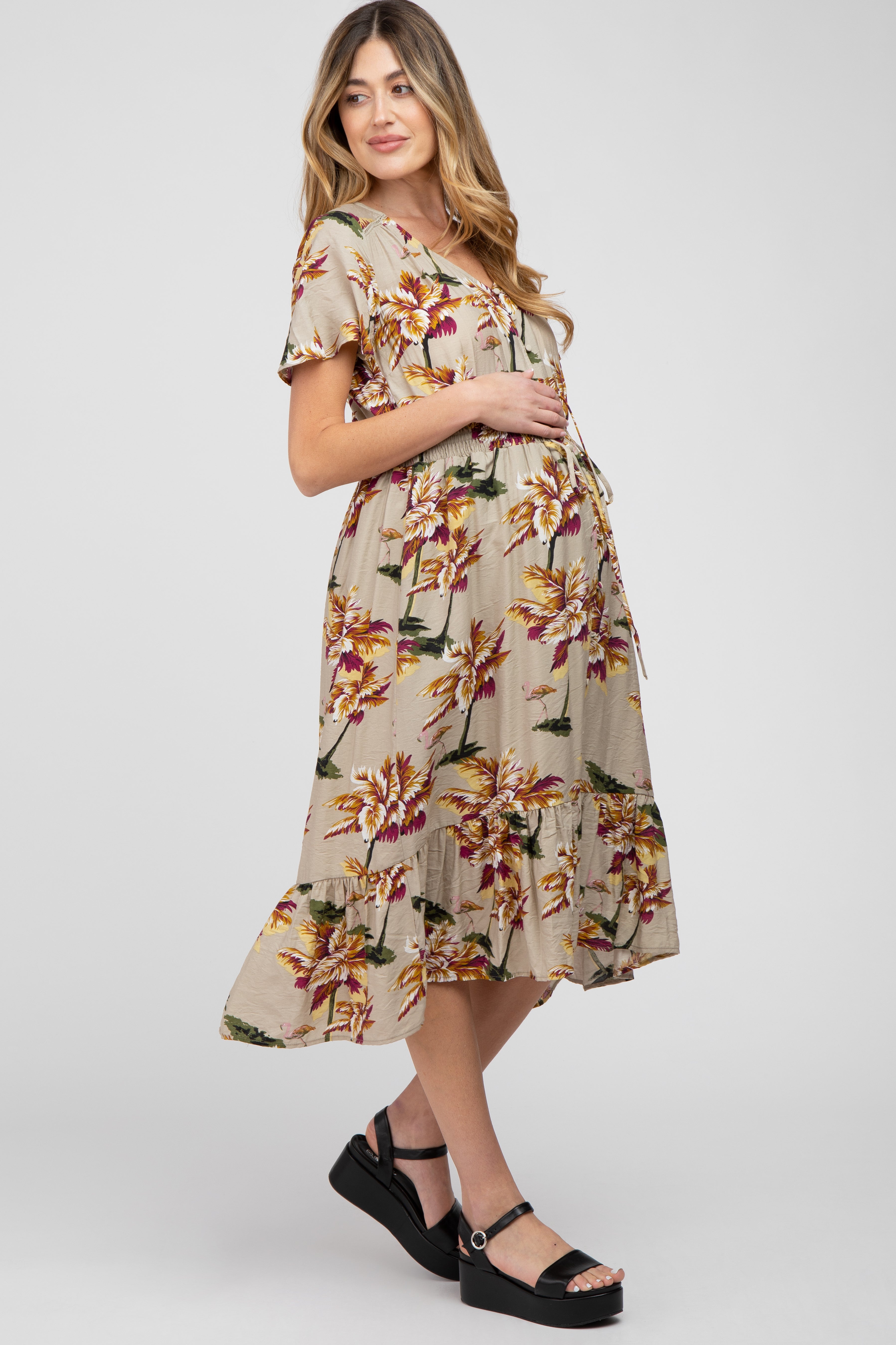 Beige Floral Button Maternity Midi Dress for Pregnancy - Comfortable Stretchy Nursing Dress for Women, Perfect for Baby Shower, Maternity Photo Shoot & Everyday Wear
