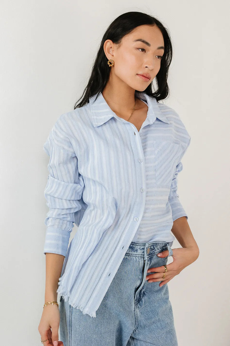 Blue Nyah Striped Button-Up Shirt for Women | Casual & Office Wear | Final Sale