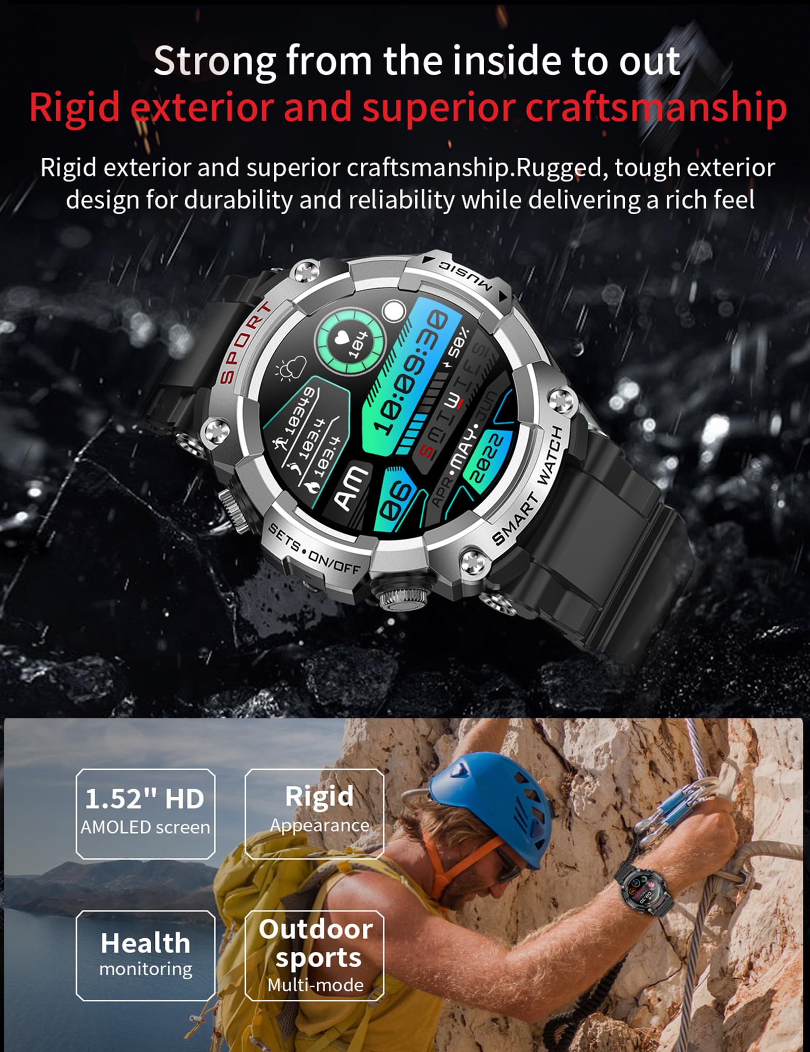 1.52'' HD Rugged Military Smart Watch with Bluetooth Earbuds - 3-in-1 Fitness Tracker with Heart Rate Monitor, Sleep Tracking & Local Music Storage | Perfect for Outdoor Activities, Workouts & Daily Use