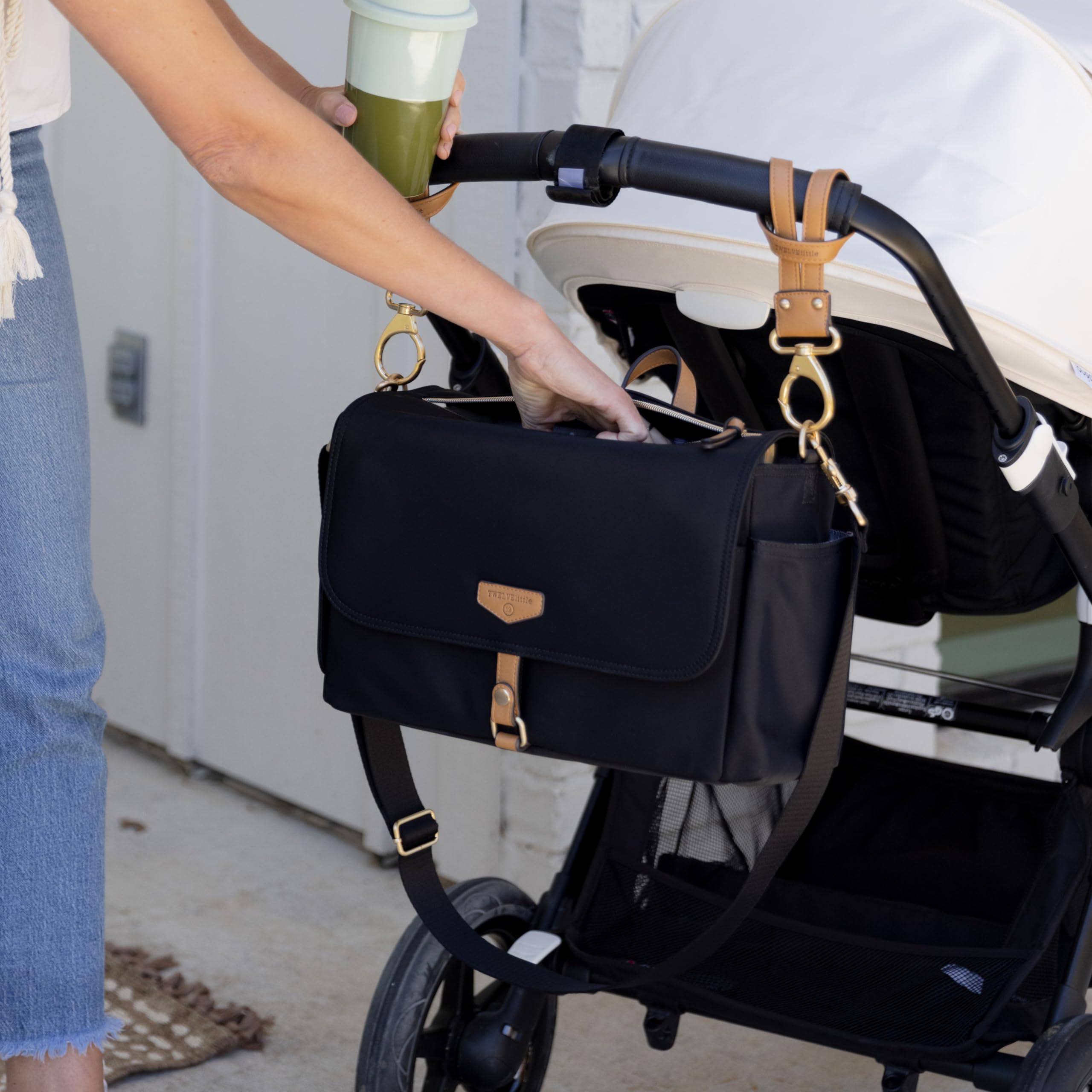 TWELVElittle On-The-Go Stroller Caddy 3.0 - Lightweight Travel Diaper Bag with Stroller Clips & Changing Pad - Perfect for Parents, Baby Essentials Organizer - Black Tan - Ideal for Daycare, Park Outings & Family Travel