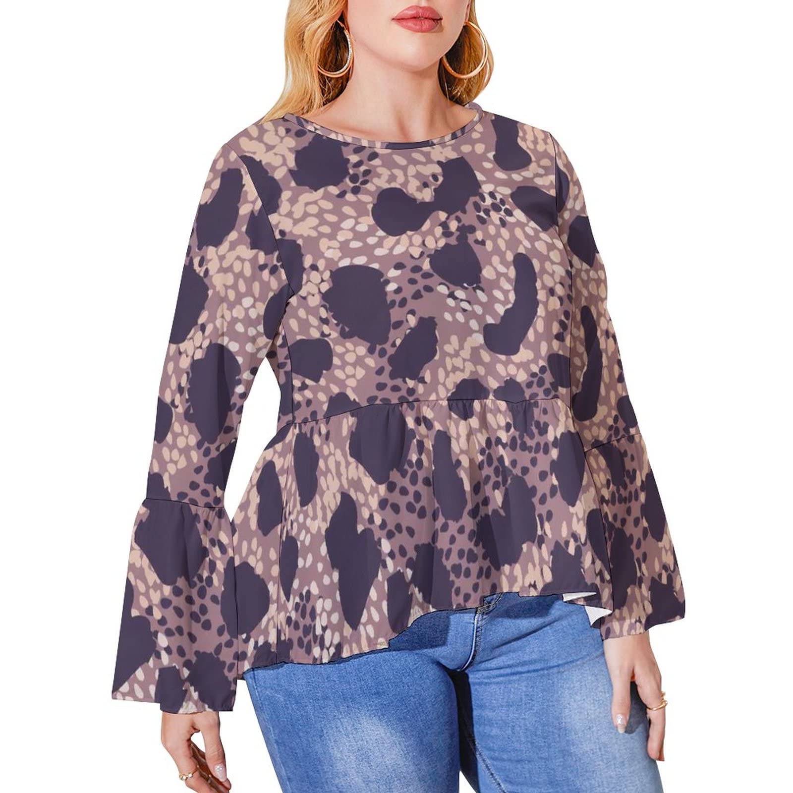 LTtie Women's Plus Size Peplum Tops - Leopard Print Long Bell Sleeve Blouse for Casual Wear | Flowy Shirt for Work, Date Night & Everyday Outfits