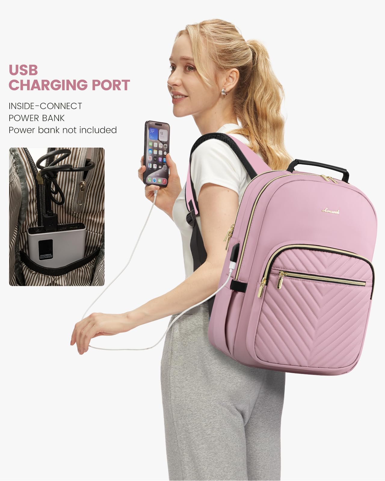 LOVEVOOK Light Pink Laptop Backpack for Women - Stylish 17-inch Travel Computer Bag, College School Backpack for Girls & Teens, Durable Outdoor Carry On Backpack Purse for Work, Study, and Daily Commute