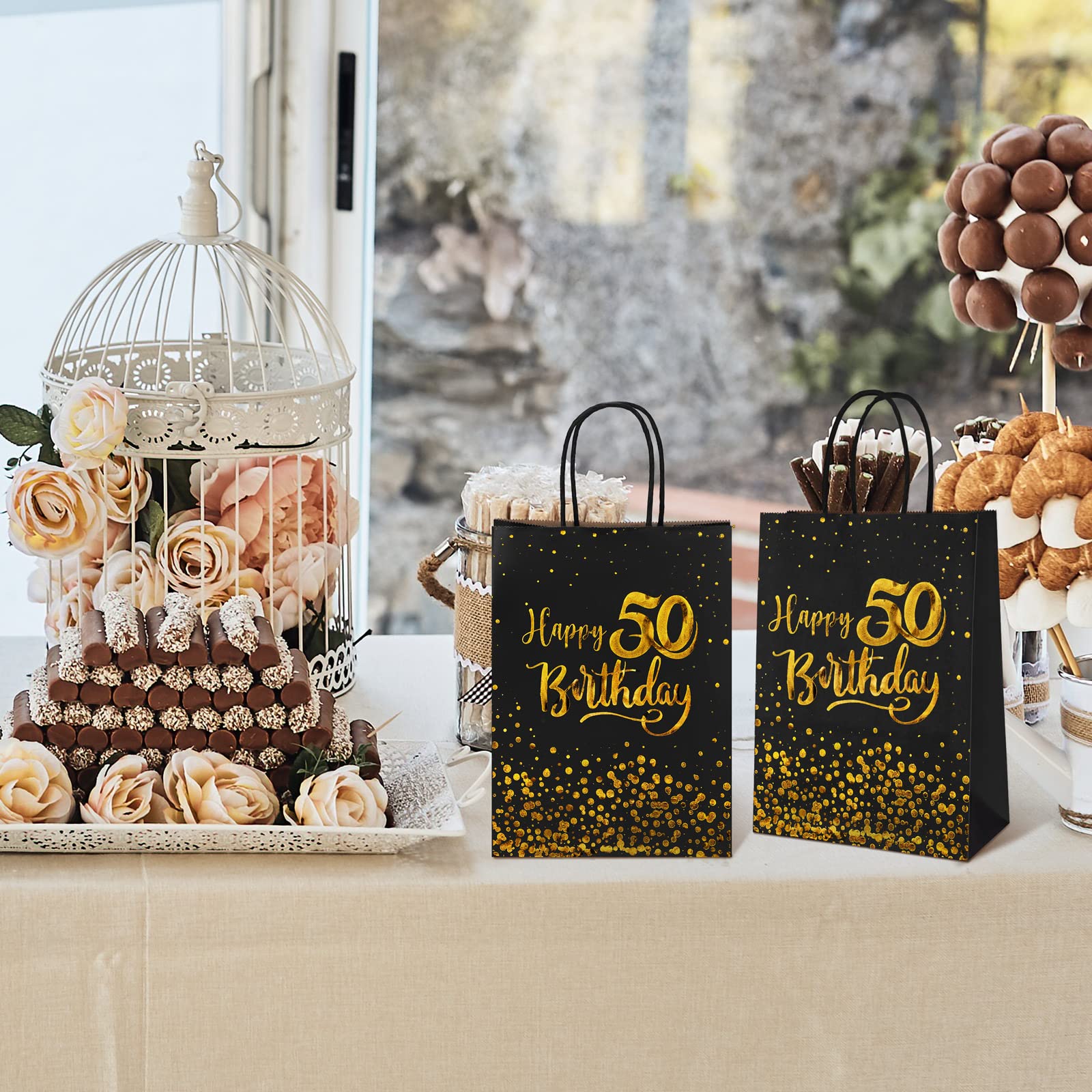 24 Pack Black & Gold 50th Birthday Gift Bags - Kraft Paper Party Favor Bags for Candy, Wedding, Anniversary Celebrations - Perfect for Birthday Parties, Retirement Events & Special Occasions